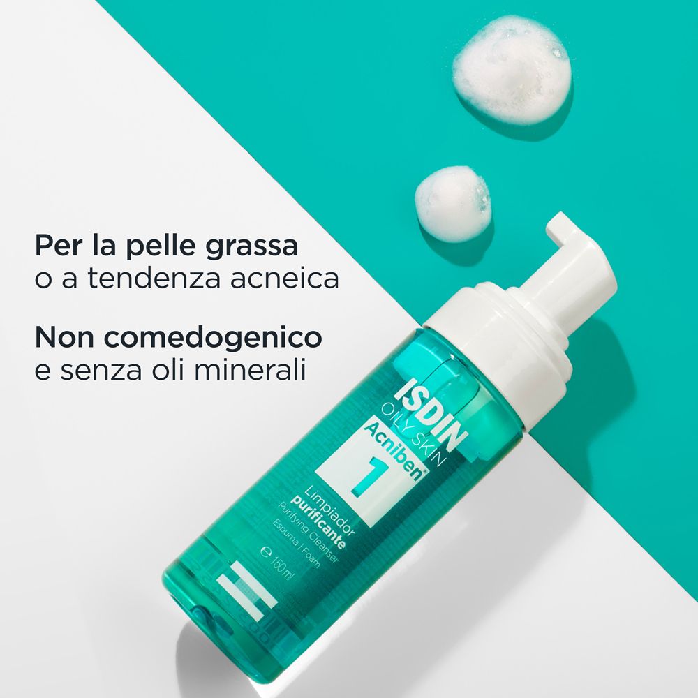 Flacone con scritta: ISDIN, OILY SKIN, Acniben 1. Per pelli grasse o a tendenza acneica. Non comedogenico.
