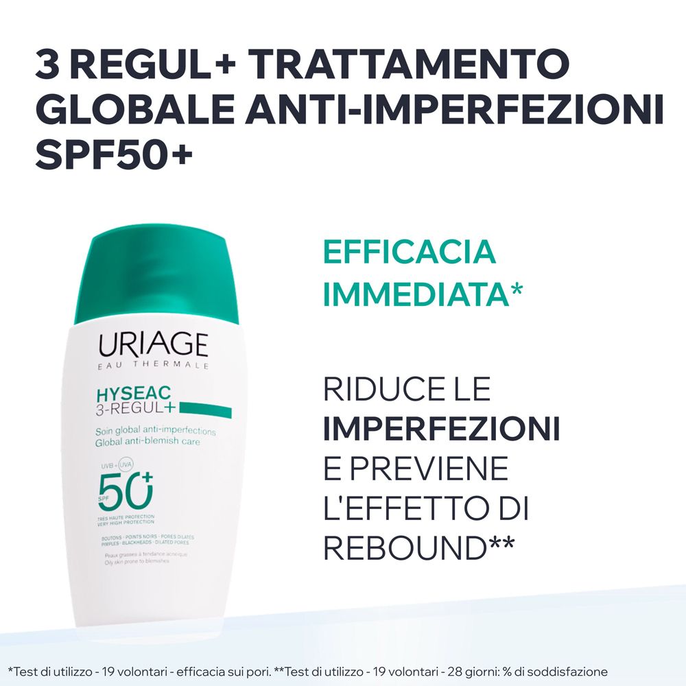 Flacone Uriage Hyseac 3-Regul+ SPF 50+. Testo: Riduce le imperfezioni, previene l'effetto rebound. Efficacia immediata.