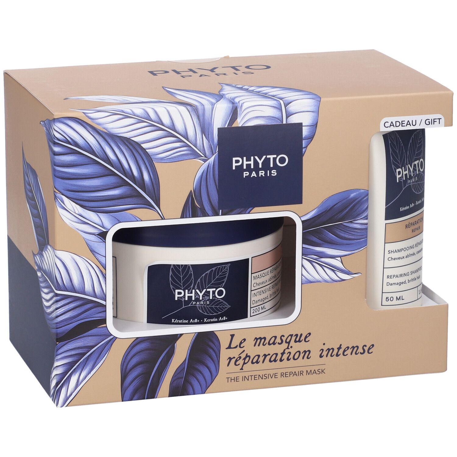 Confezione regalo con shampoo e maschera per capelli. Scatola con immagine del prodotto e logo del marchio. Contiene due prodotti.