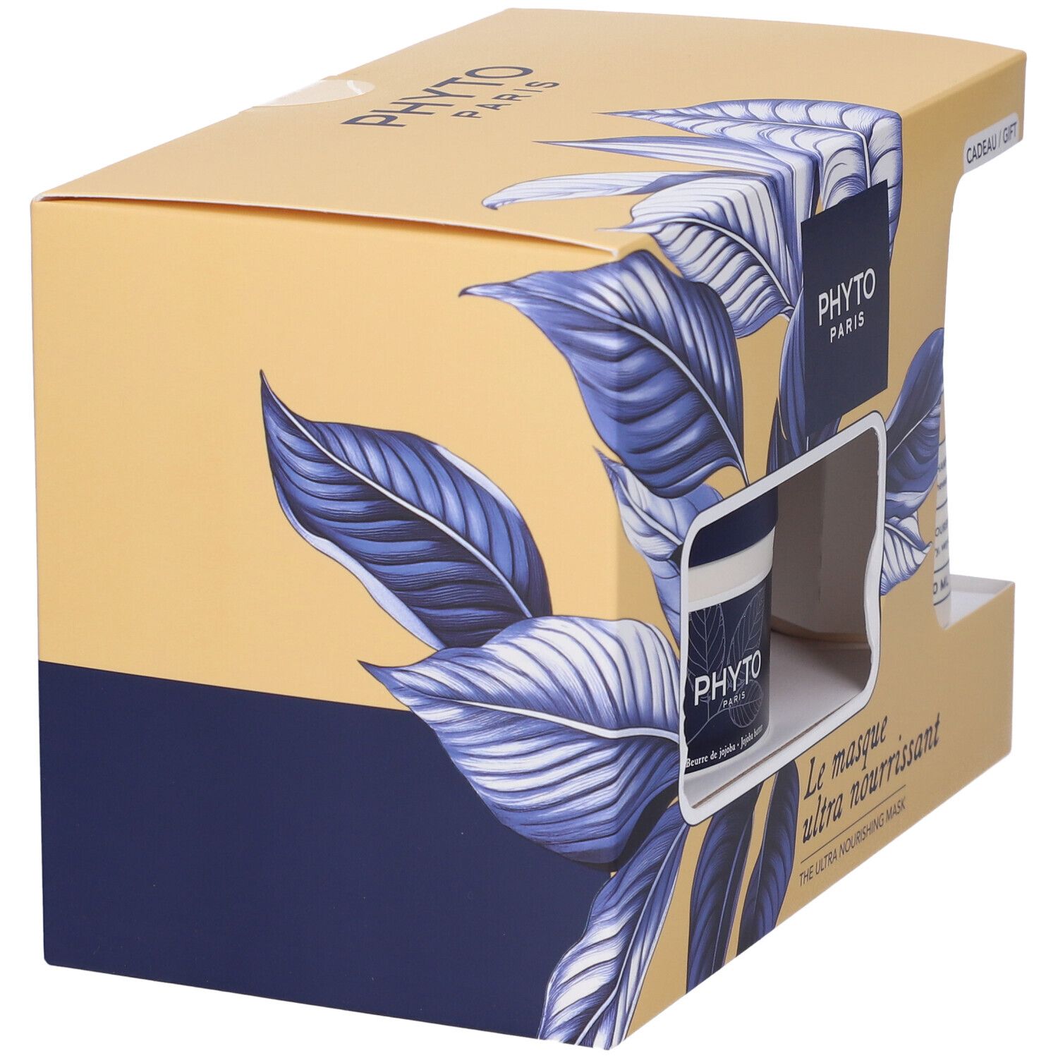 Cofanetto regalo con shampoo e maschera per capelli. Scatola con immagine del prodotto e logo del marchio. Combinazione di colori blu e giallo.