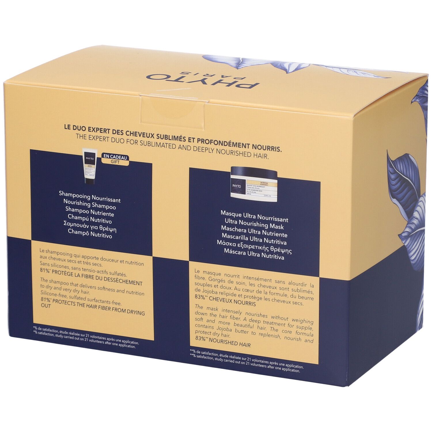 Retro del cofanetto regalo con informazioni sul prodotto. Testo in più lingue. Combinazione di colori blu e giallo.