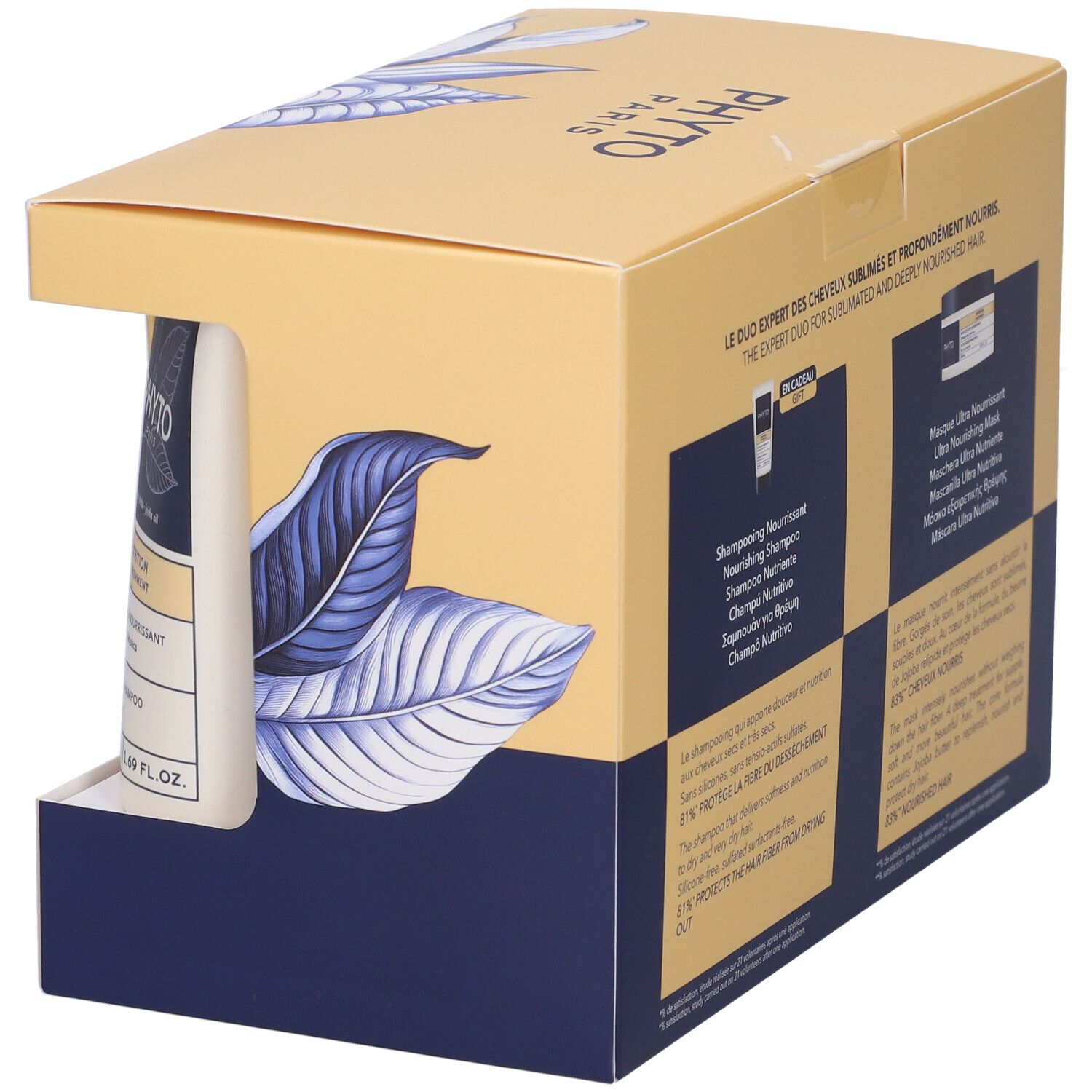 Cofanetto regalo con shampoo e maschera per capelli. Scatola con immagine del prodotto e logo del marchio. Combinazione di colori blu e giallo.