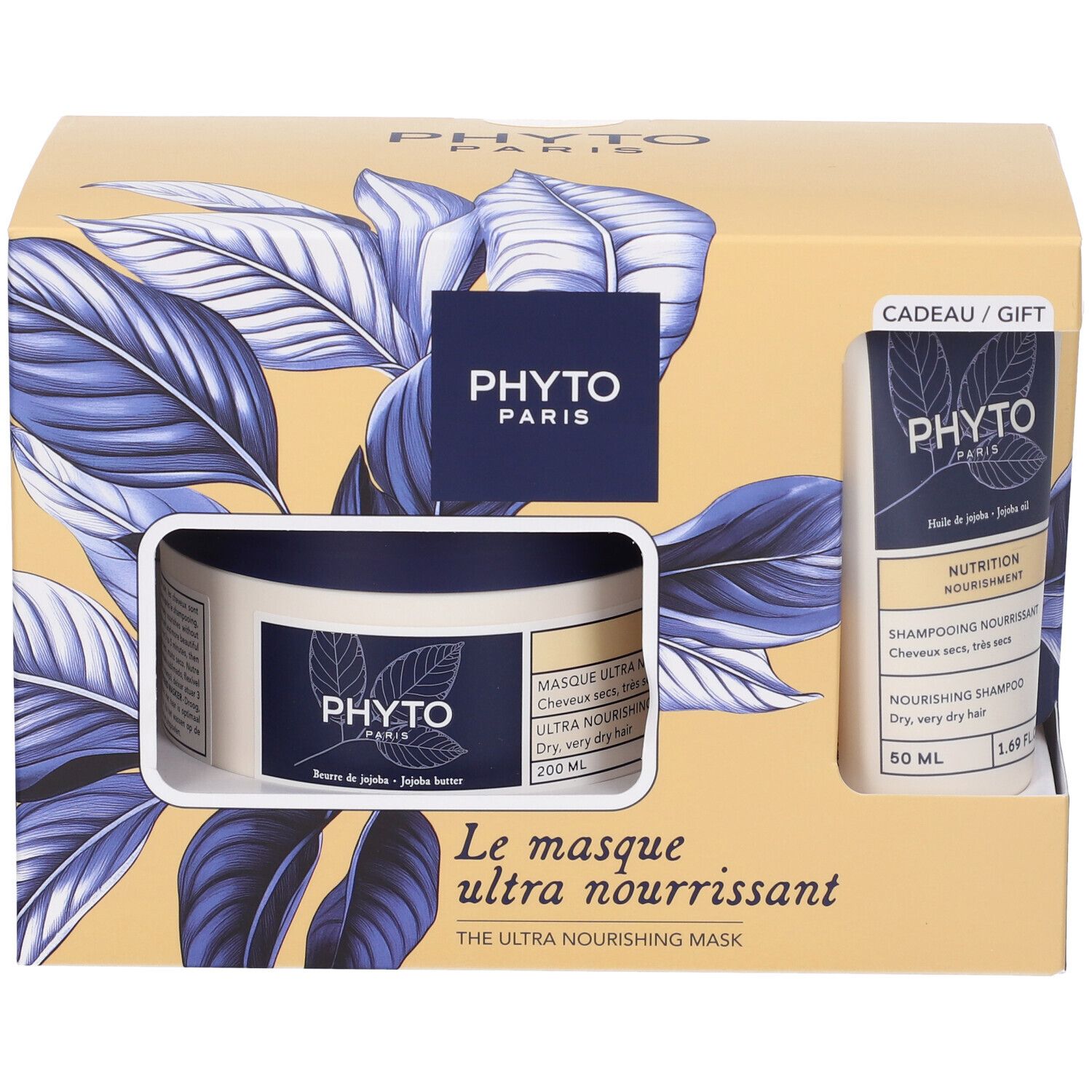 Cofanetto regalo con shampoo e maschera per capelli. Scatola con immagine del prodotto e logo del marchio. Combinazione di colori blu e giallo.