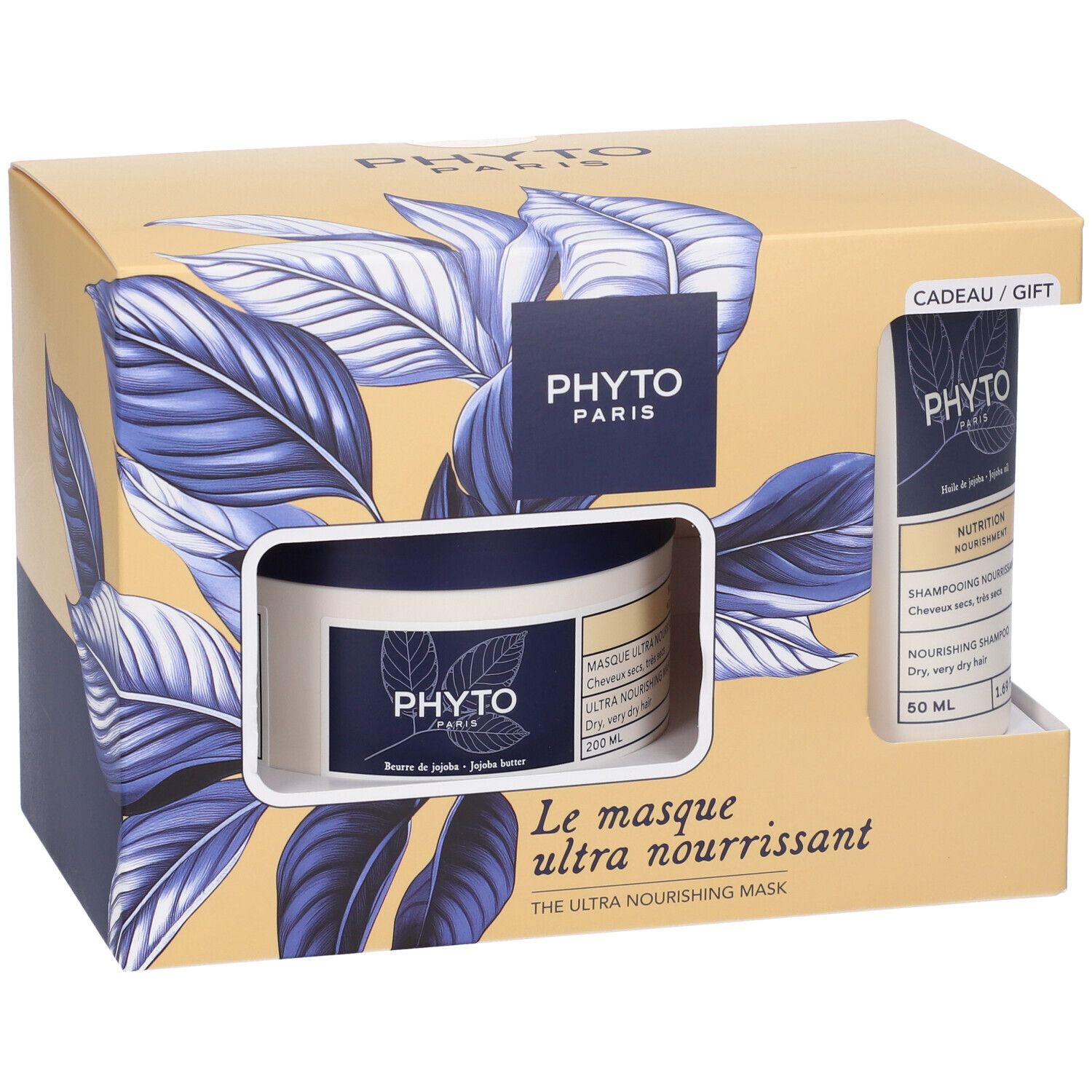 Cofanetto regalo con shampoo e maschera per capelli. Scatola con immagine del prodotto e logo del marchio. Combinazione di colori blu e giallo.