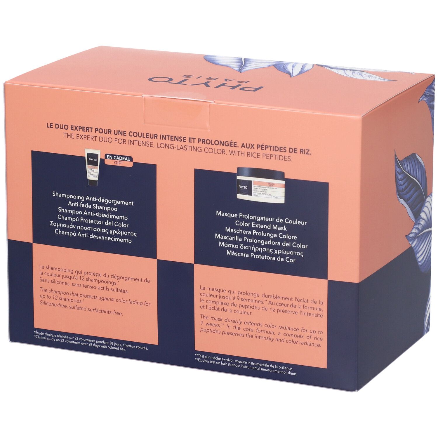 Retro della confezione regalo. Informazioni sui prodotti in diverse lingue. Confezione rosa e blu.