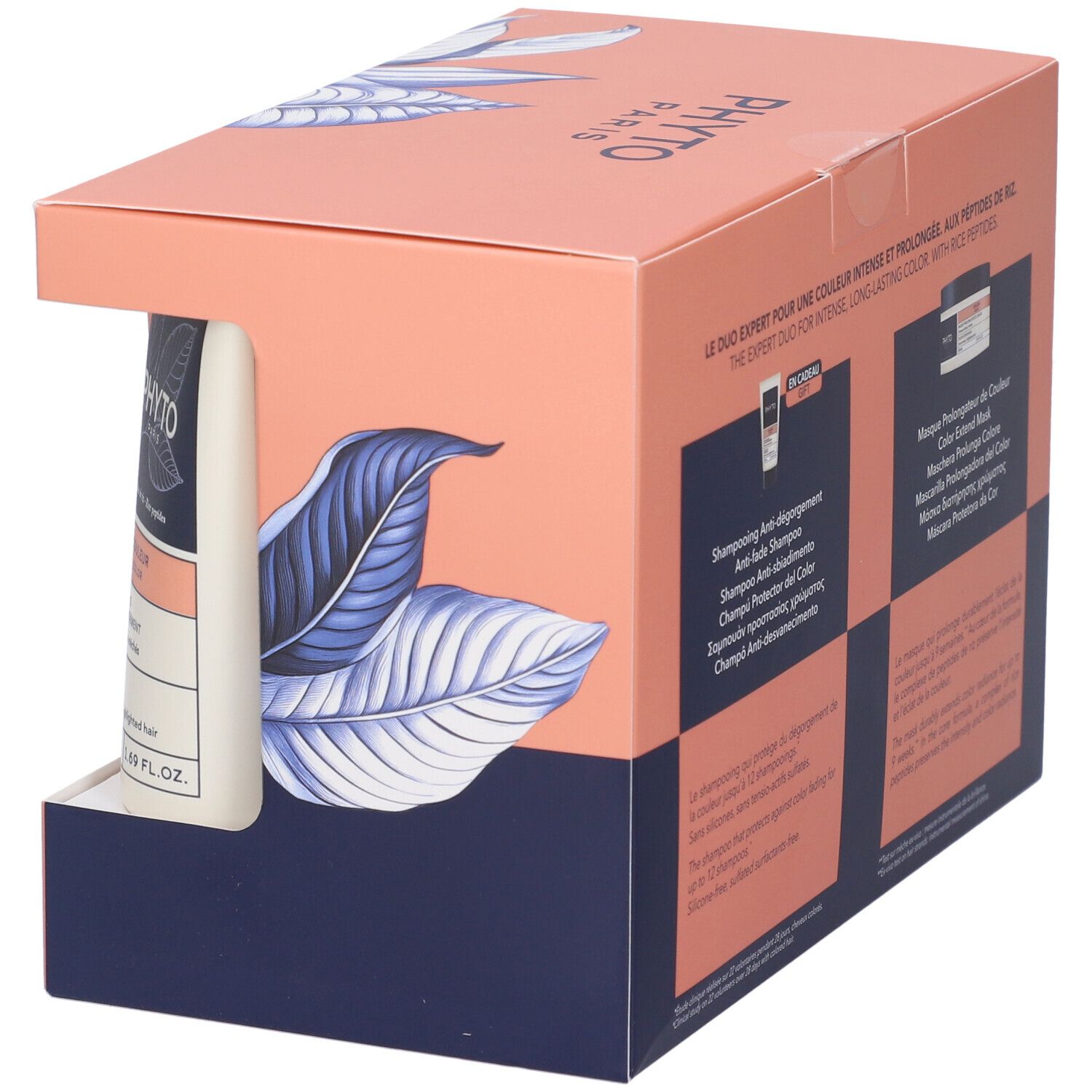 Scatola regalo rosa e blu con nomi dei prodotti. Contiene shampoo. Vista laterale.