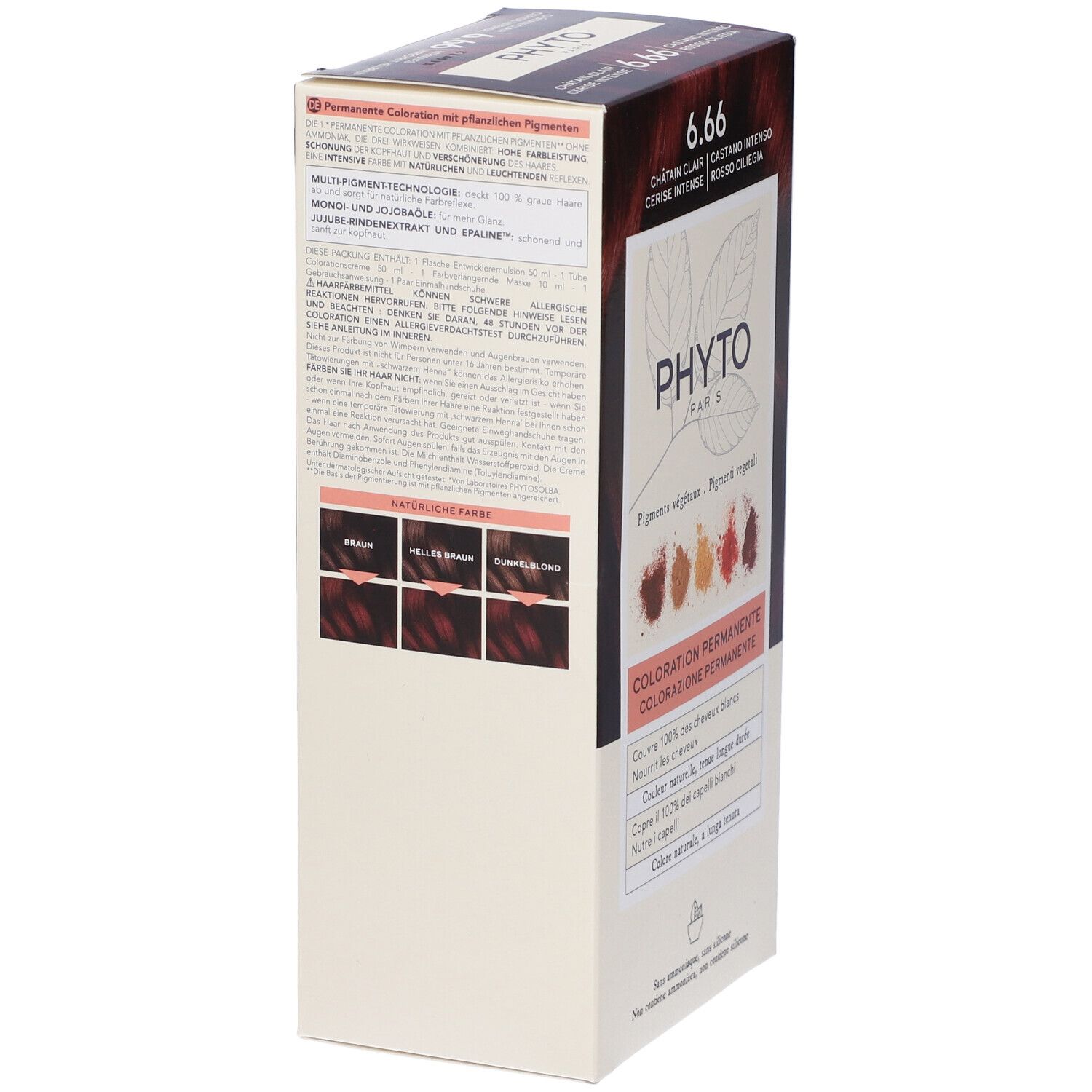 Confezione prodotto, vista laterale. Testo: 6.66, Phyto Paris. Informazioni su ingredienti e uso.