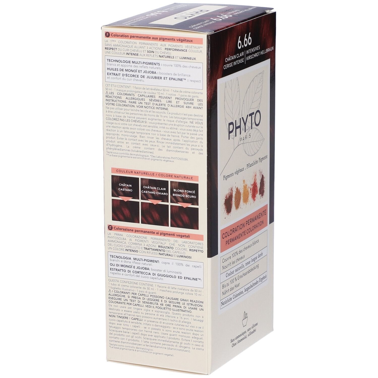 Confezione prodotto, vista laterale. Testo: 6.66, Phyto Paris. Informazioni su ingredienti e uso.