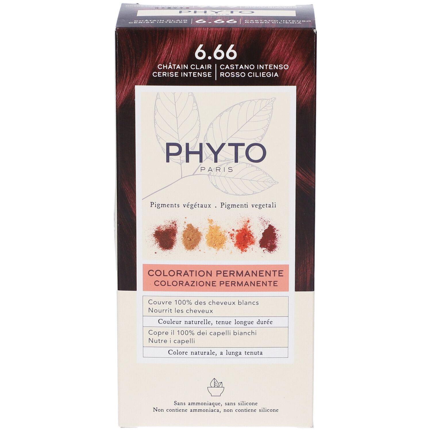 Confezione prodotto. Scritta: 6.66, Castano Rosso Intenso, Phyto Paris. Illustrazioni colori.