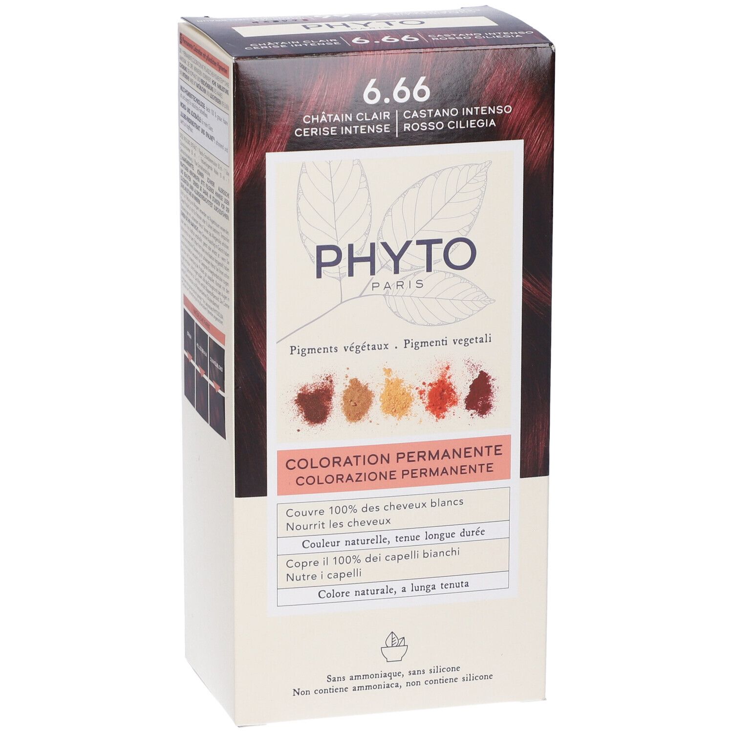 Confezione prodotto. Scritta: 6.66, Castano Rosso Intenso, Phyto Paris. Illustrazioni colori.