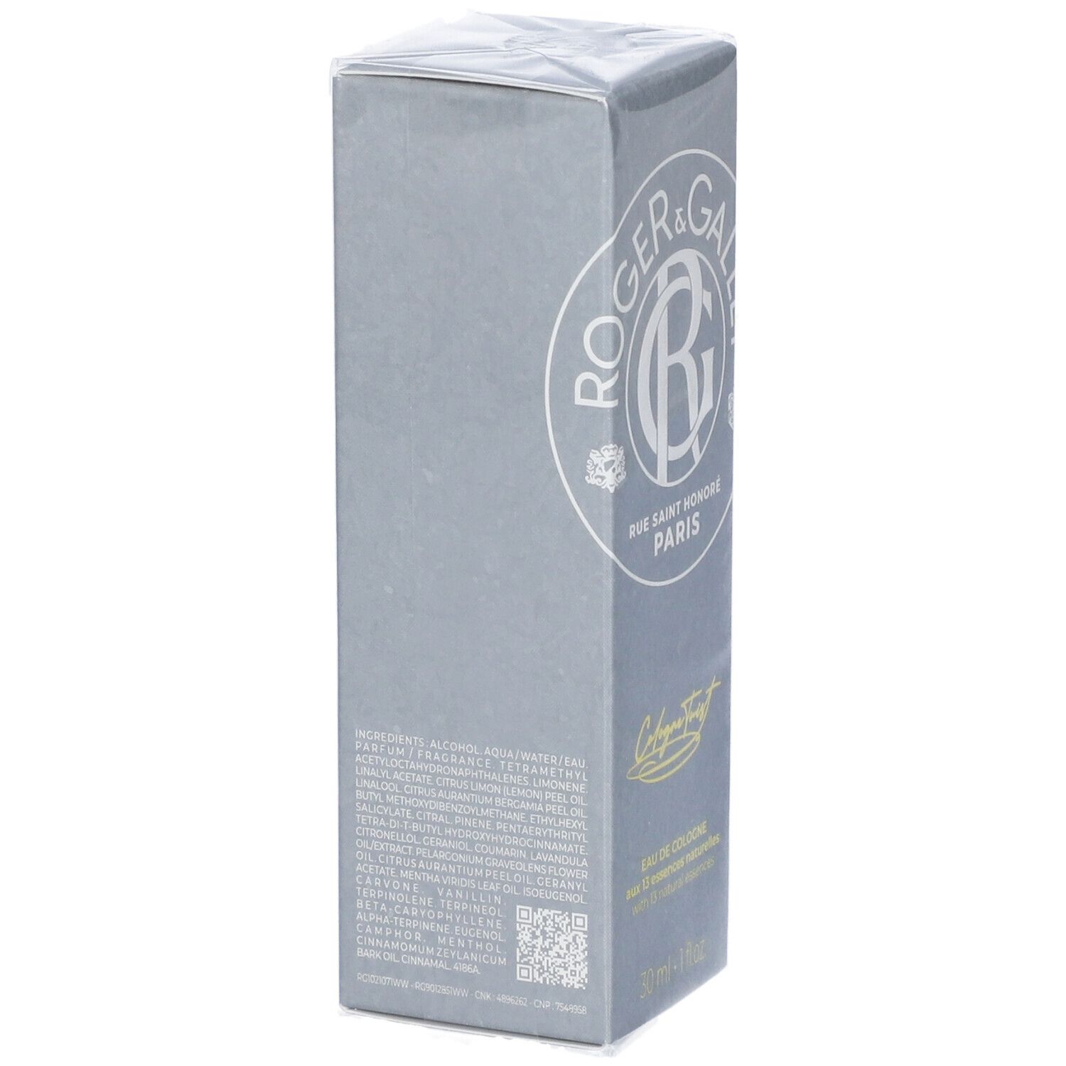 Scatola grigia confezionata. Scritta: ROGER & GALLET. Testo con ingredienti e codice QR. In basso: 30 ml.