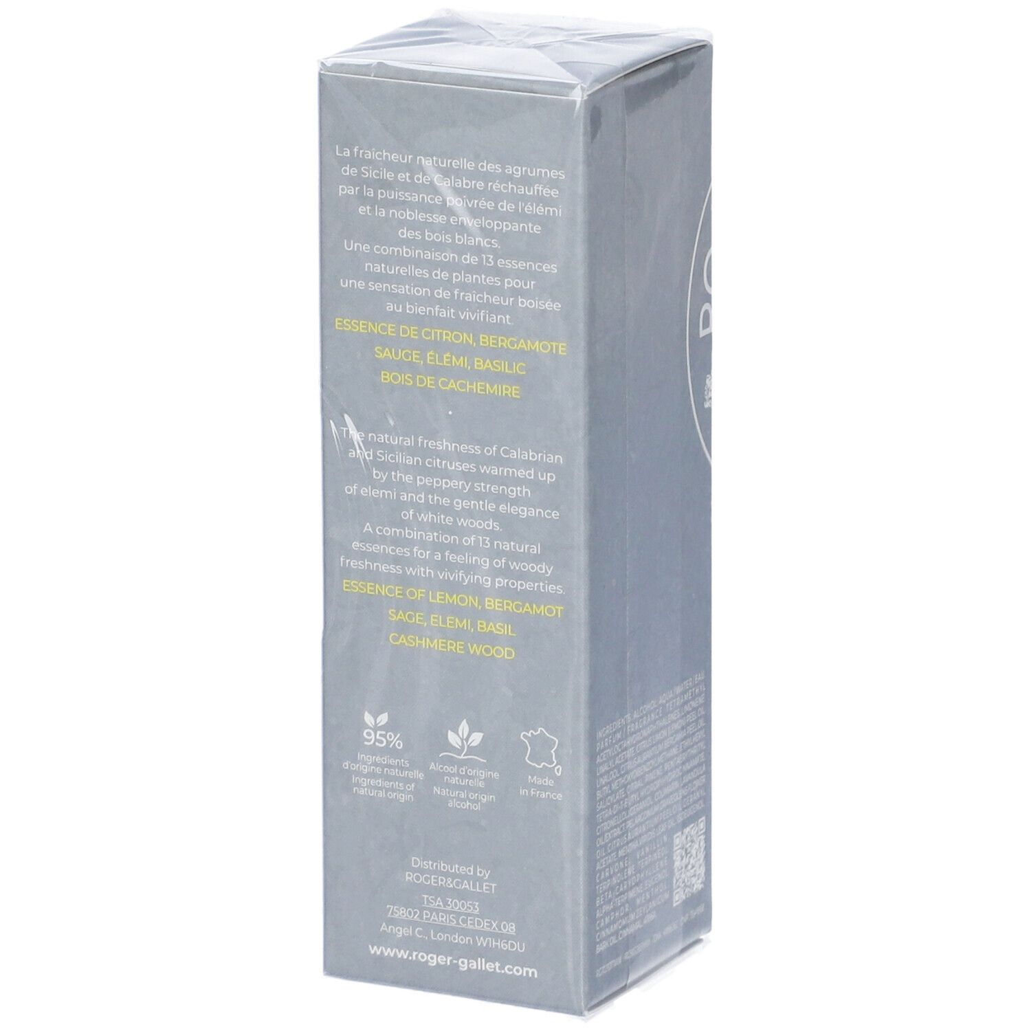 Scatola grigia confezionata. Testo con ingredienti e certificazioni. Scritta: ROGER & GALLET. In basso: www.roger-gallet.com.