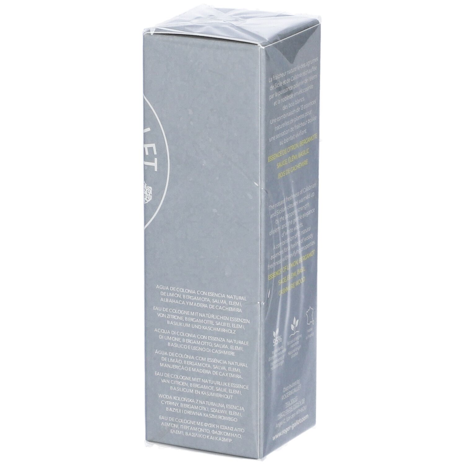 Scatola grigia confezionata. Testo con ingredienti e certificazioni. Scritta: ROGER & GALLET. In basso: www.roger-gallet.com.
