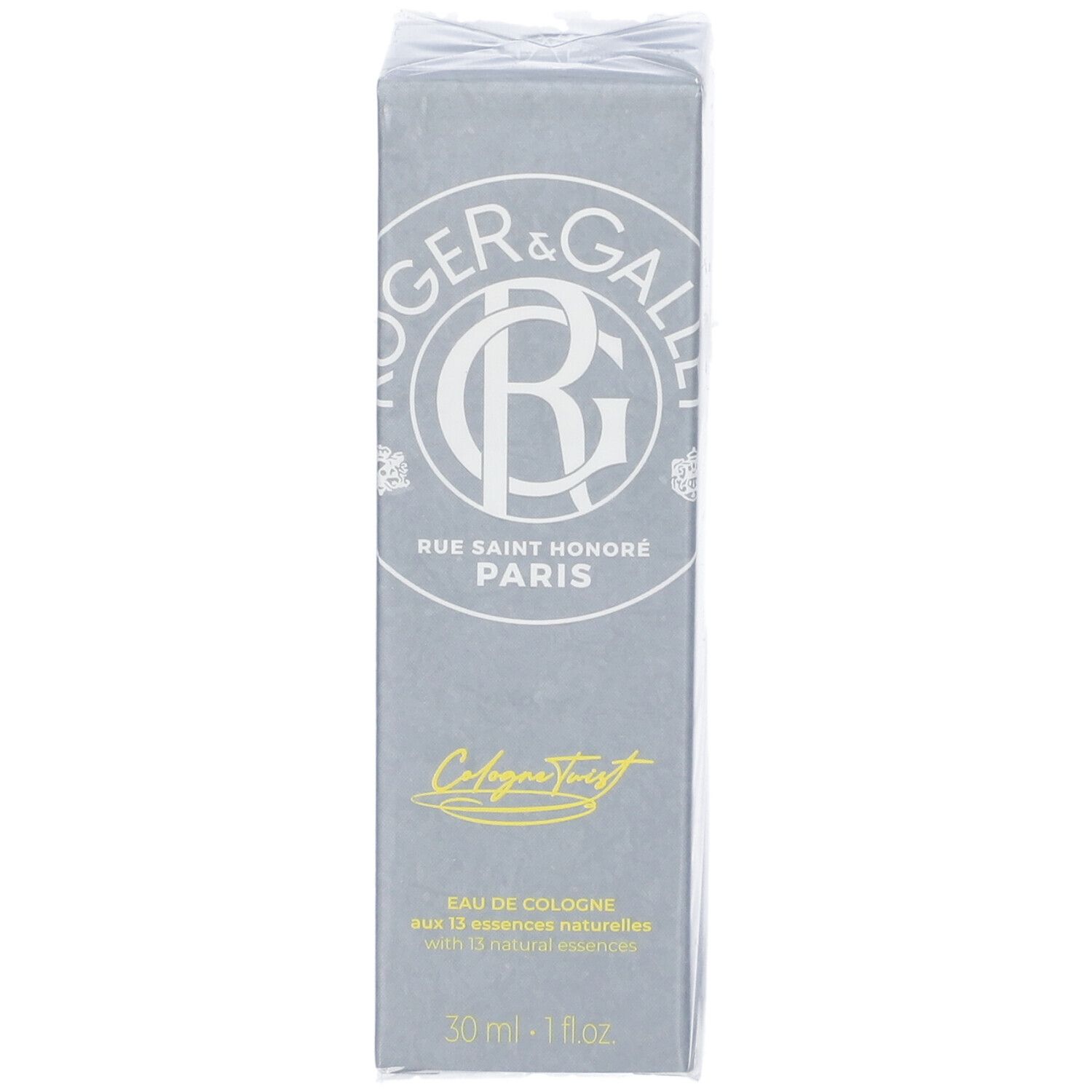 Scatola grigia confezionata. Scritta: ROGER & GALLET, Rue Saint Honoré Paris, Cologne Twist. Eau de Cologne, 30 ml.