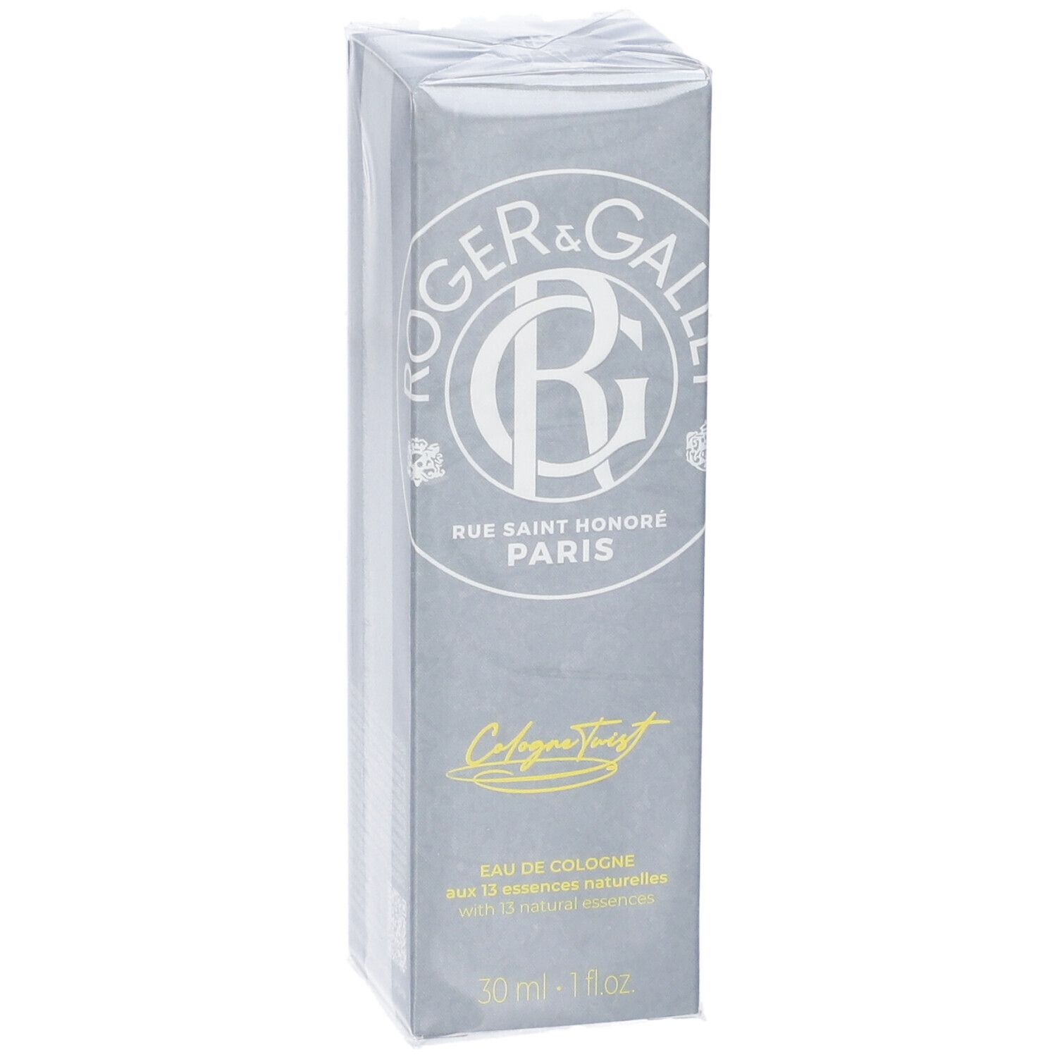 Scatola grigia confezionata. Scritta: ROGER & GALLET, Rue Saint Honoré Paris, Cologne Twist. Eau de Cologne, 30 ml.
