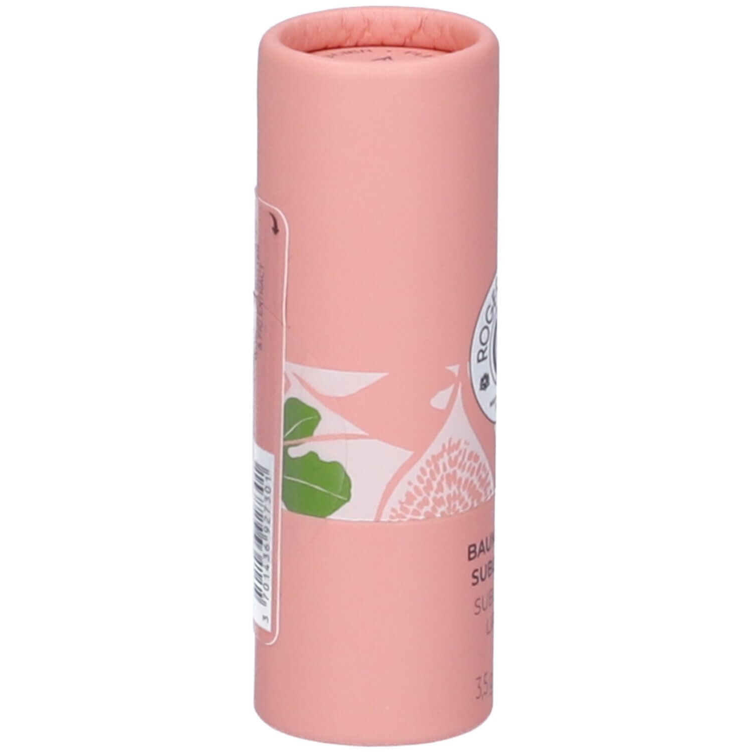 Confezione cilindrica rosa. Logo Roger & Gallet. Scritta: Baume Lèvres Sublimateur, 3,5 g.