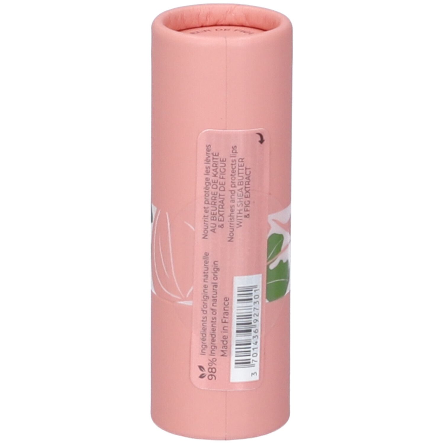 Confezione cilindrica rosa. Etichetta: Nourrit et protège les lèvres. 98% ingredienti di origine naturale.
