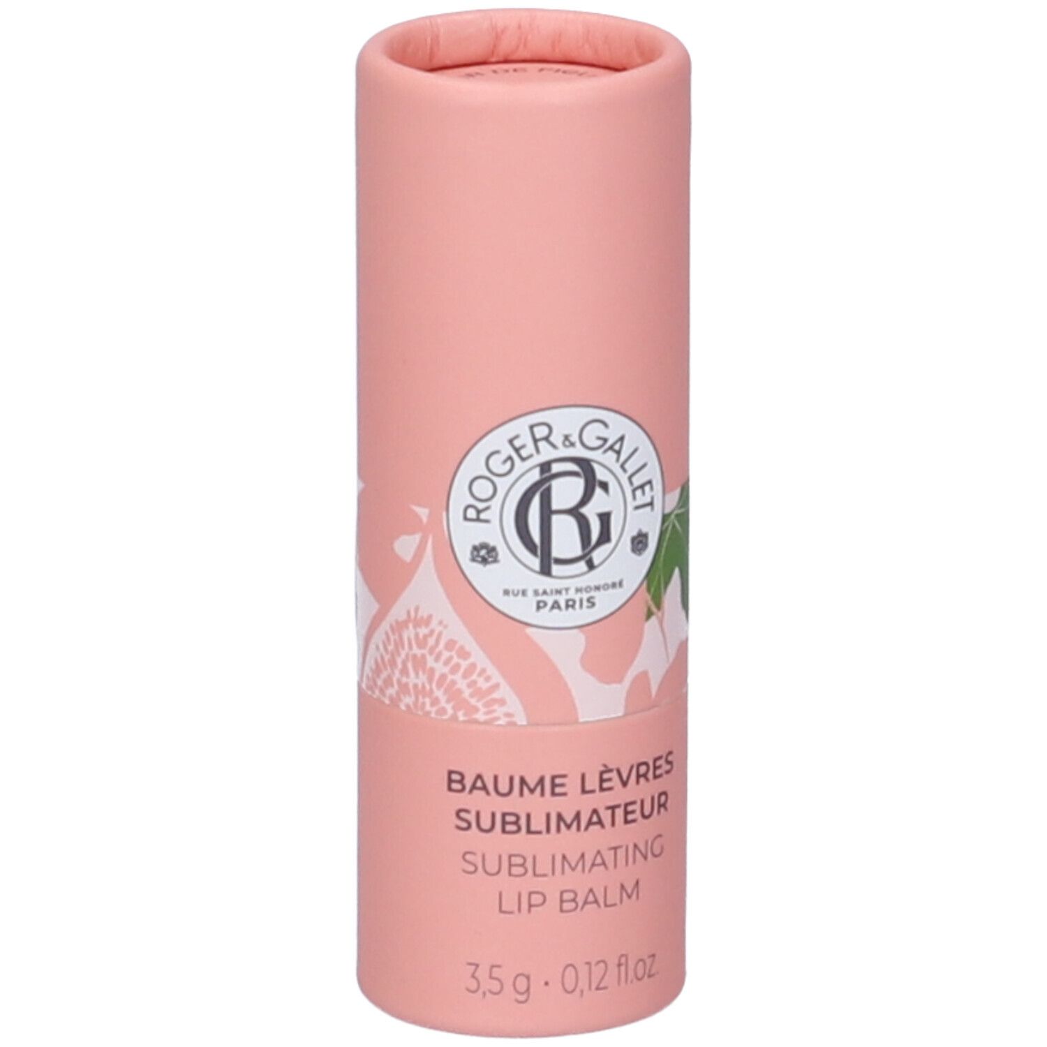 Confezione cilindrica rosa. Logo Roger & Gallet. Scritta: Baume Lèvres Sublimateur, 3,5 g.