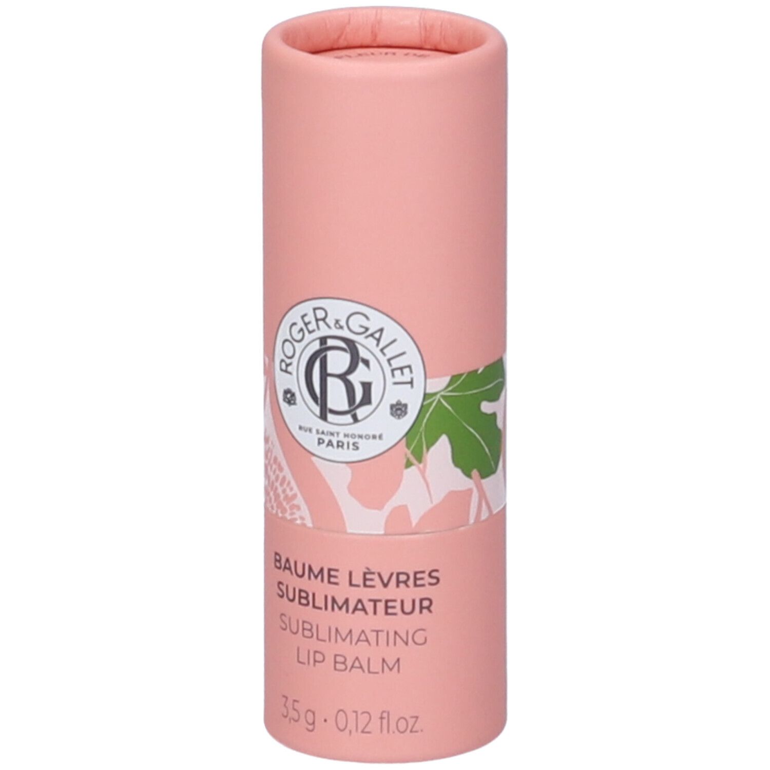 Confezione cilindrica rosa. Logo Roger & Gallet. Scritta: Baume Lèvres Sublimateur, 3,5 g.