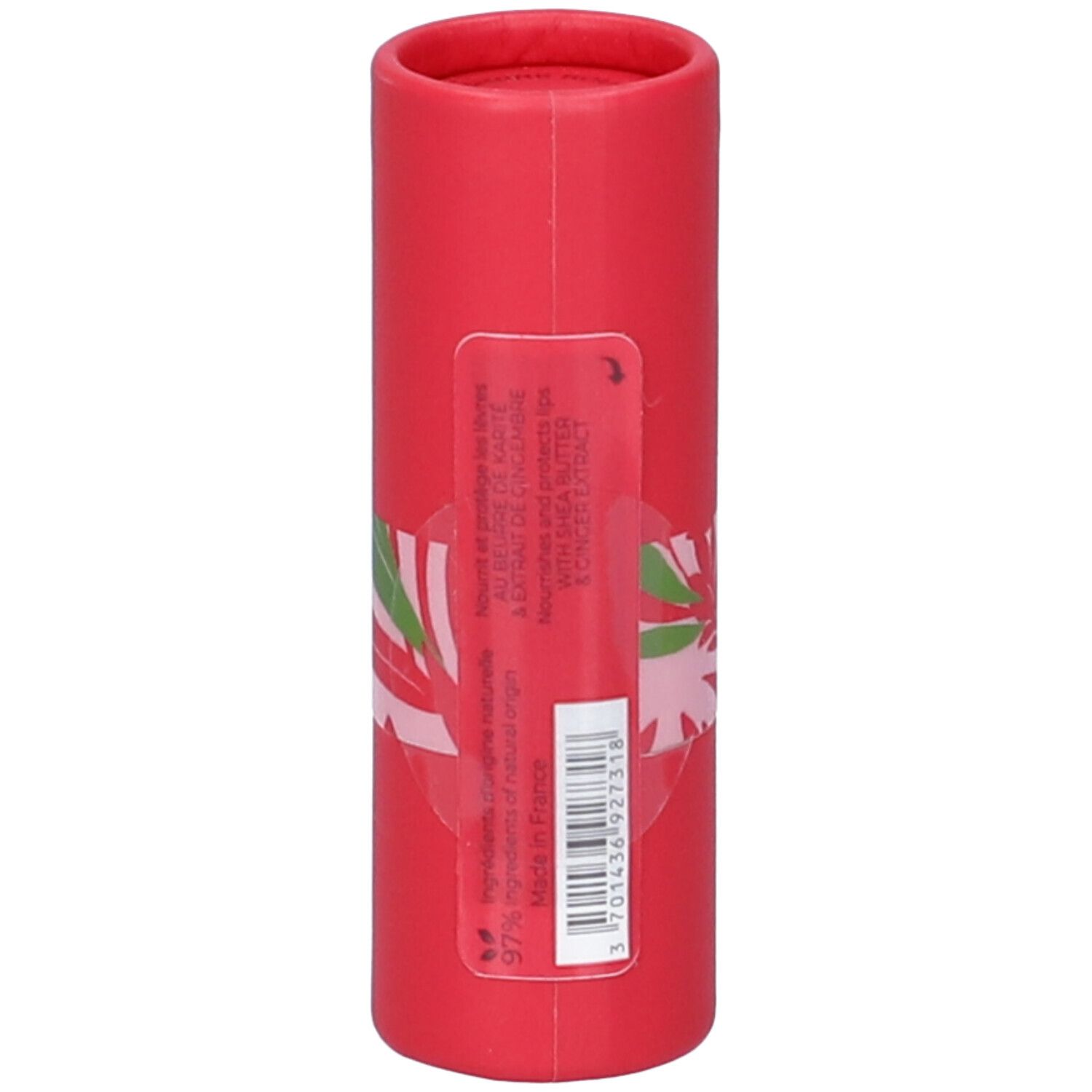 Confezione cilindrica rossa. Adesivo con ingredienti e origine. Prodotto in Francia.