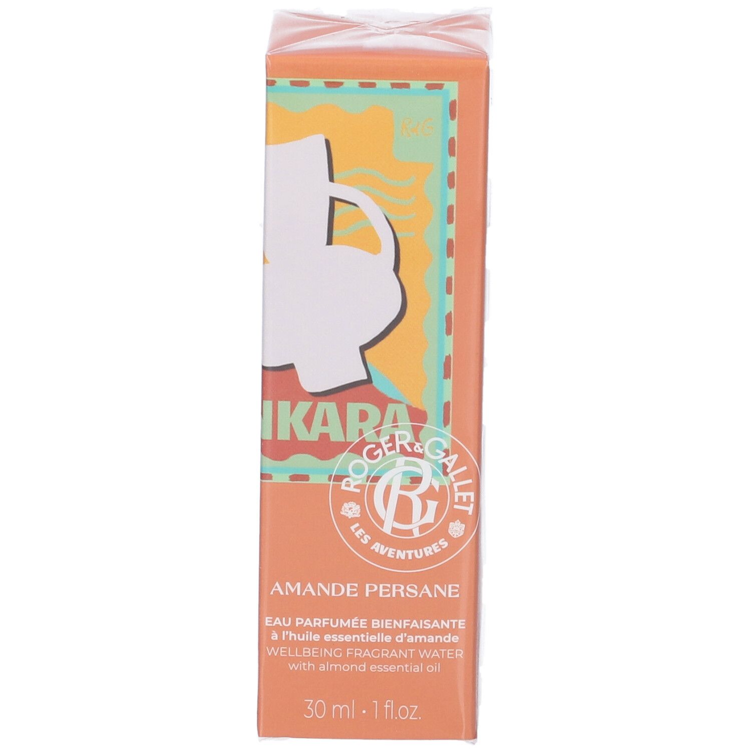 Confezione Roger & Gallet Amande Persane. Testo: Eau Parfumée Bienfaisante, 30 ml. Illustrazione: Brocca. Colori: Arancione, turchese.