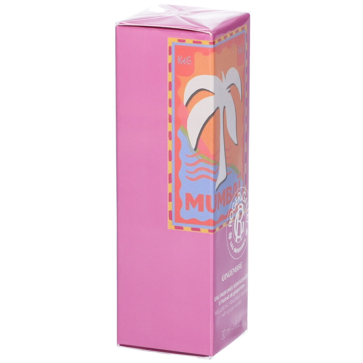 Scatola rosa, vista laterale. Logo e motivo palma in alto. Testo: Gingembre. Testo: 30 ml - 1 fl oz in basso.