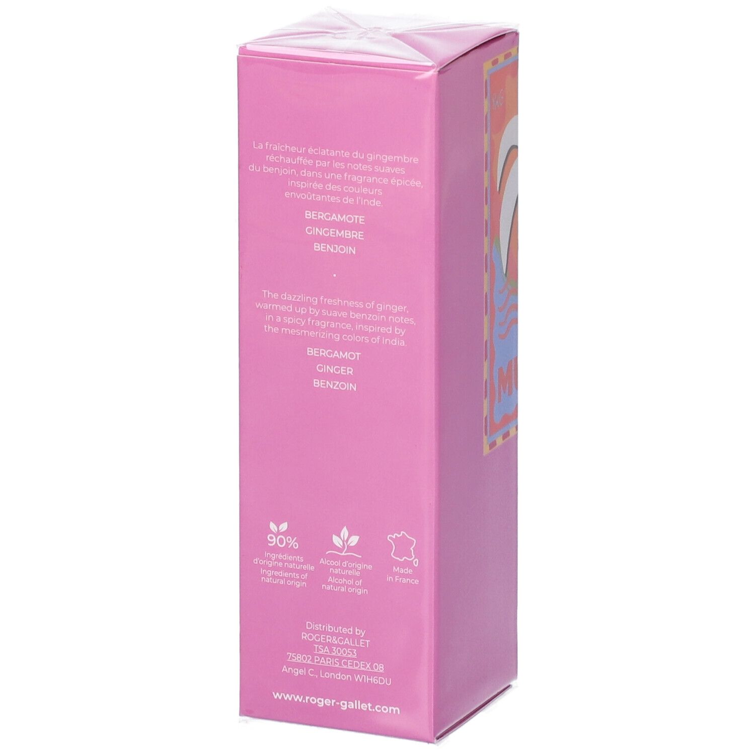 Scatola rosa, retro. Testo multilingue. Loghi ingredienti e origine. Testo: 90% ingredienti di origine naturale.