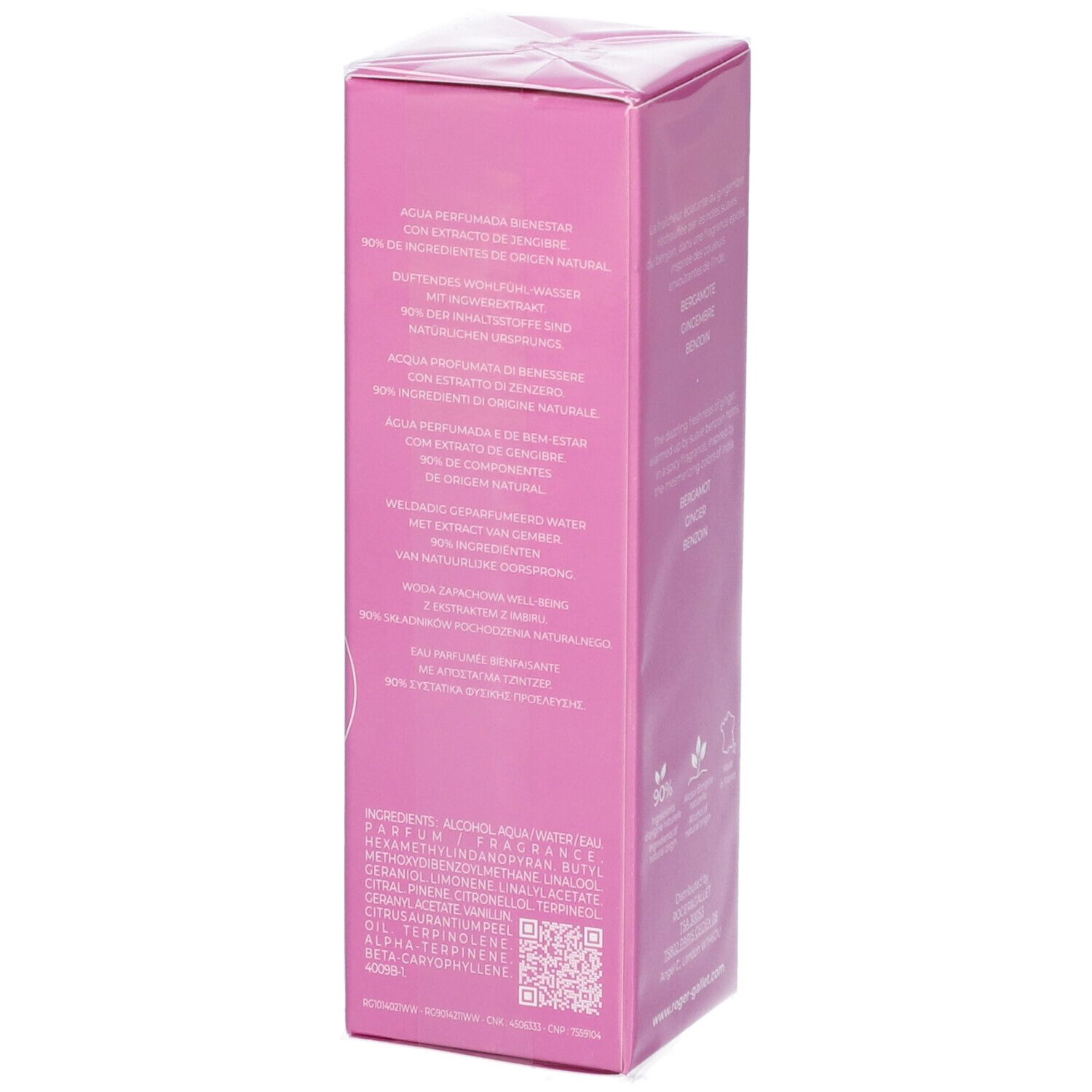 Scatola rosa, informazioni testuali. Ingredienti, codice QR. Testo: Eau Parfumée Bienfaisante à l'extrait de gingembre.