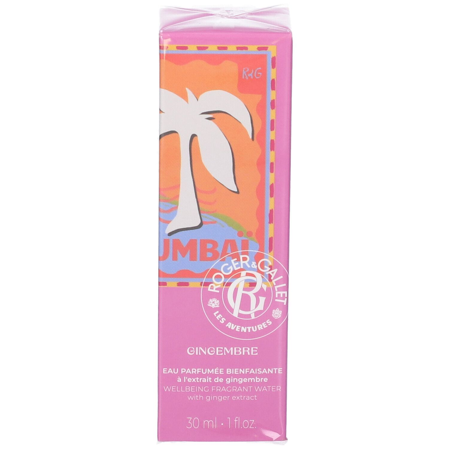 Scatola rosa, vista frontale. Logo e motivo palma. Testo: Gingembre, Eau Parfumée Bienfaisante. 30 ml - 1 fl oz.
