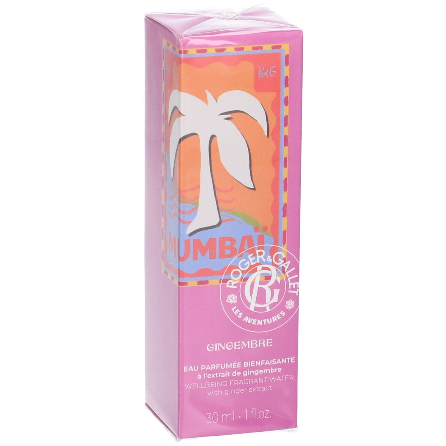 Scatola rosa, vista frontale. Logo e motivo palma. Testo: Gingembre, Eau Parfumée Bienfaisante. 30 ml - 1 fl oz.