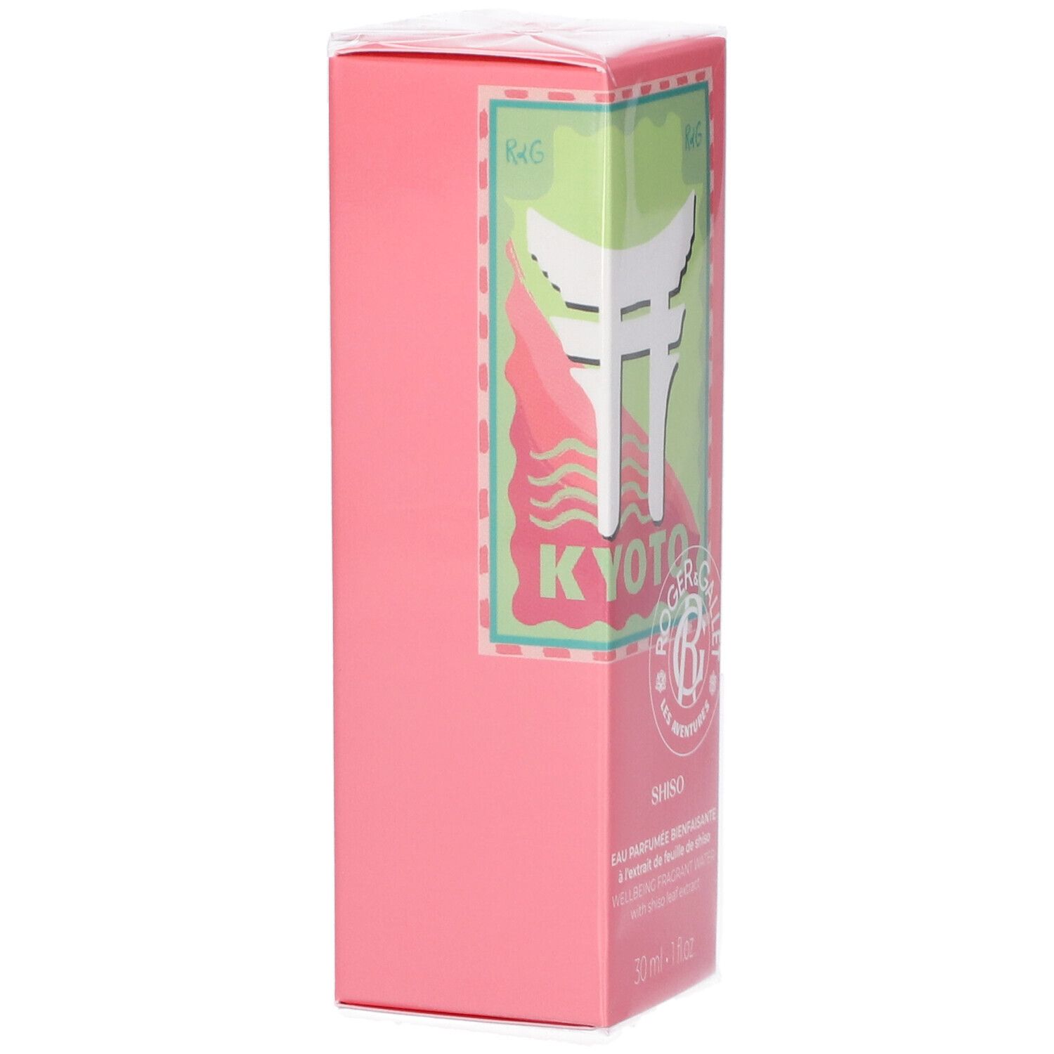 Scatola rosa con testo bianco e sfondo verde. Testo: Kyoto, Shiso, Roger & Gallet. 30 ml.