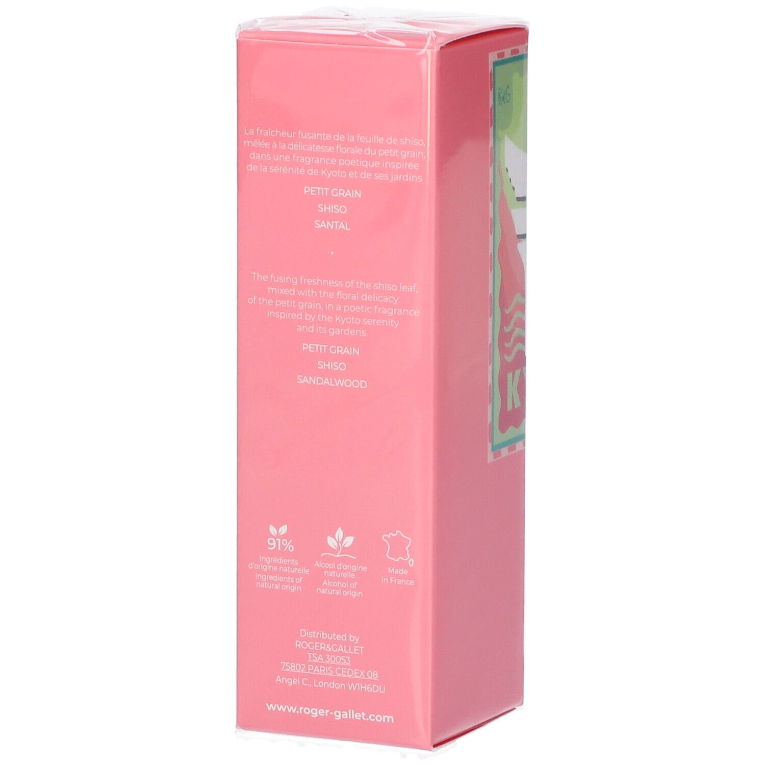 Scatola rosa con testo. Testo: Petit Grain, Shiso, Sandalo. 91% ingredienti di origine naturale.