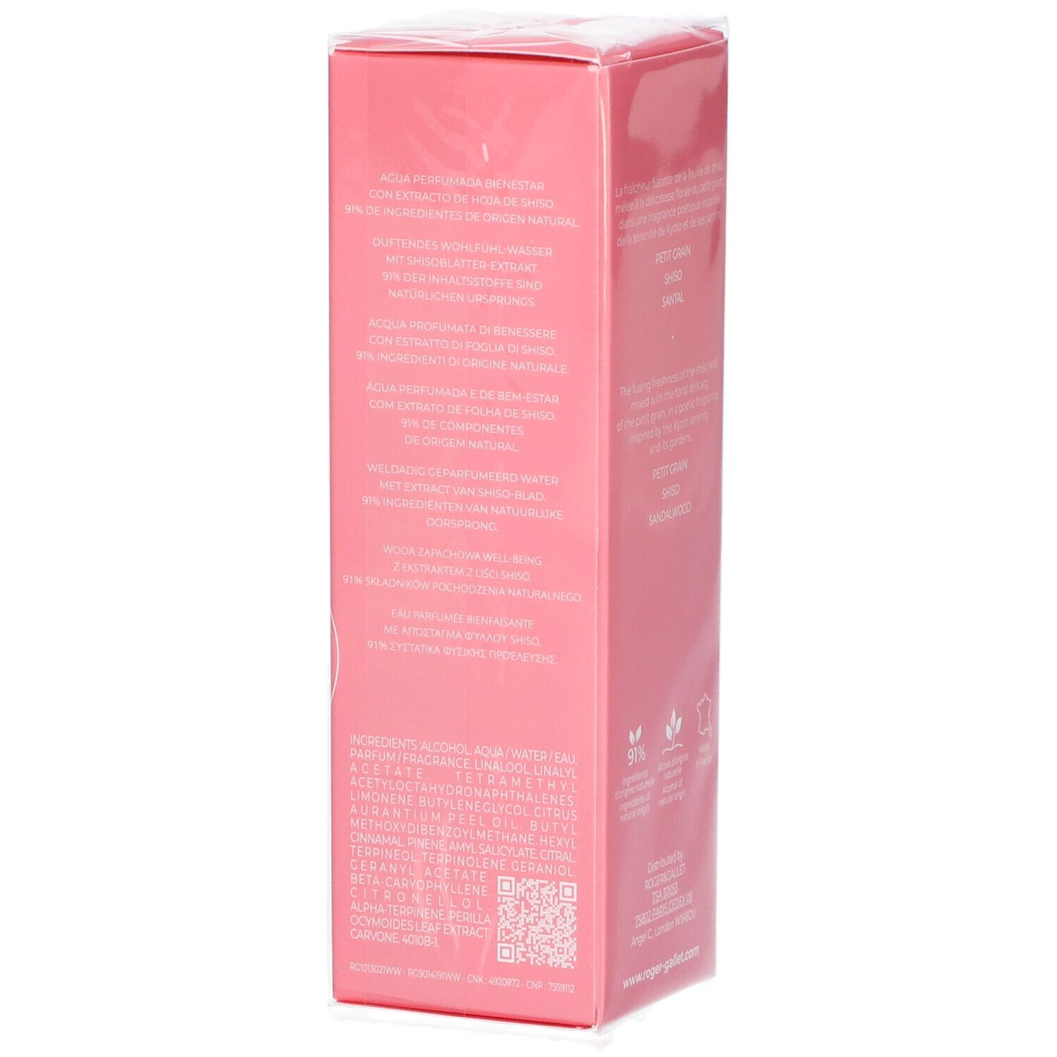 Scatola rosa con testo. Testo: Ingredienti, codice QR, logo. Prodotto in Francia. www.roger-gallet.com.