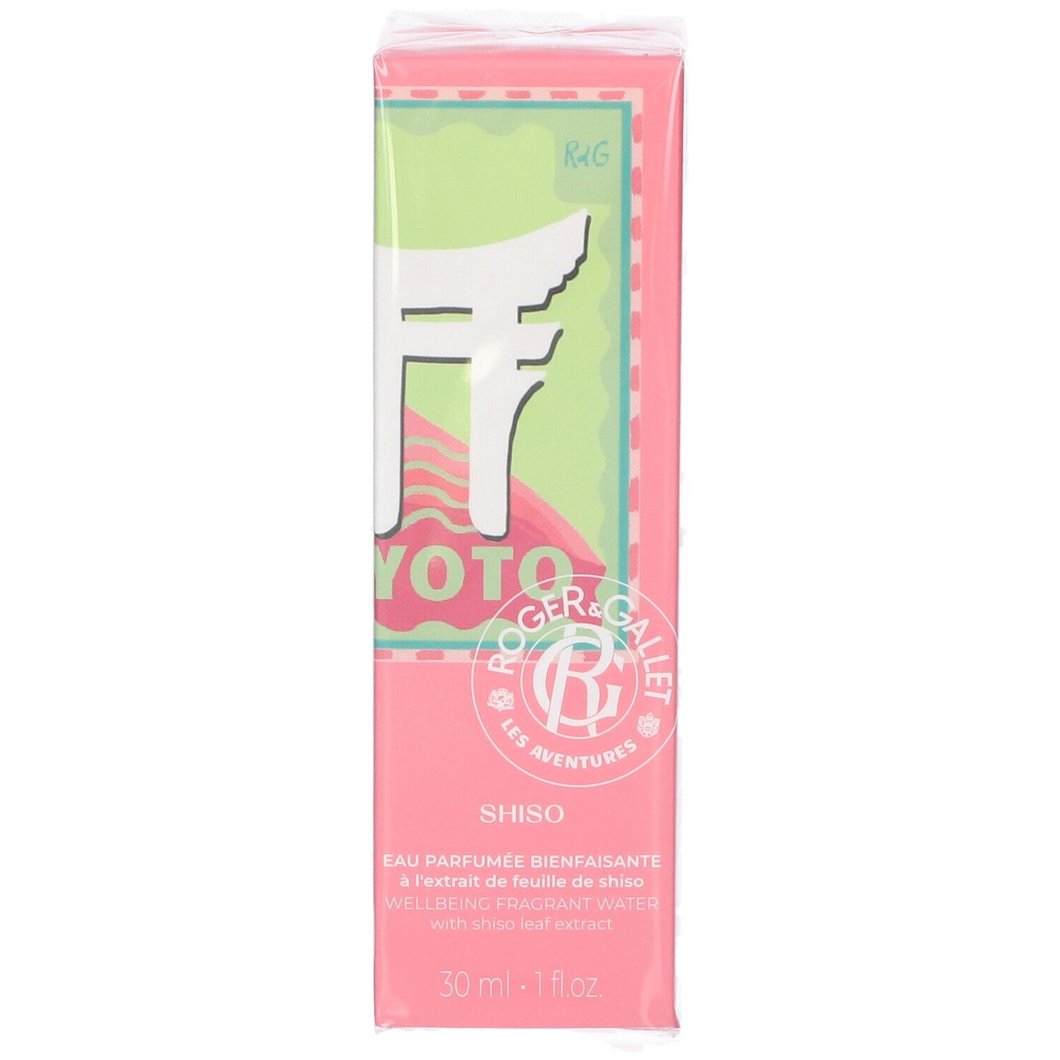 Scatola rosa con testo bianco e sfondo verde. Testo: Kyoto, Shiso, Roger & Gallet. 30 ml.
