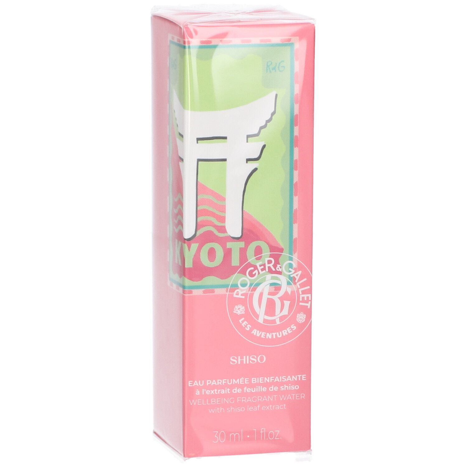 Scatola rosa con testo bianco e sfondo verde. Testo: Kyoto, Shiso, Roger & Gallet. 30 ml.