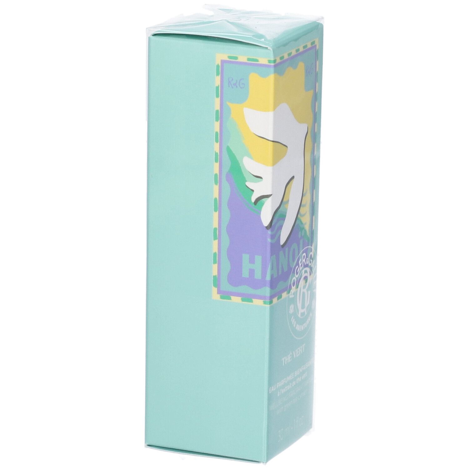 Scatola turchese, vista laterale. Logo Roger & Gallet, Thé Vert. Edizione Limitata. Imballaggio parzialmente trasparente.