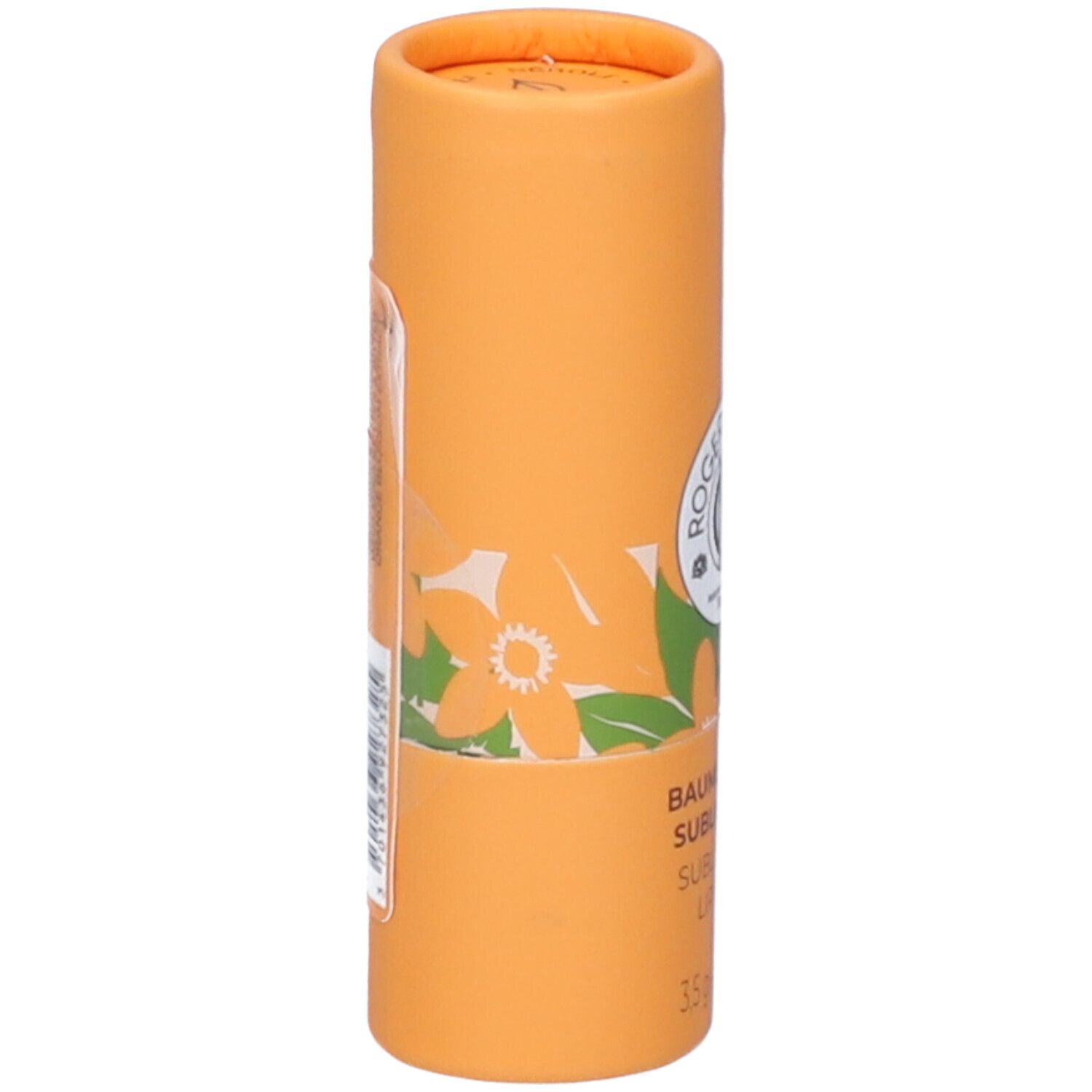 Confezione cilindrica arancione. Scritta: Roger & Gallet, Baume Lèvres Sublimateur, 3,5 g.