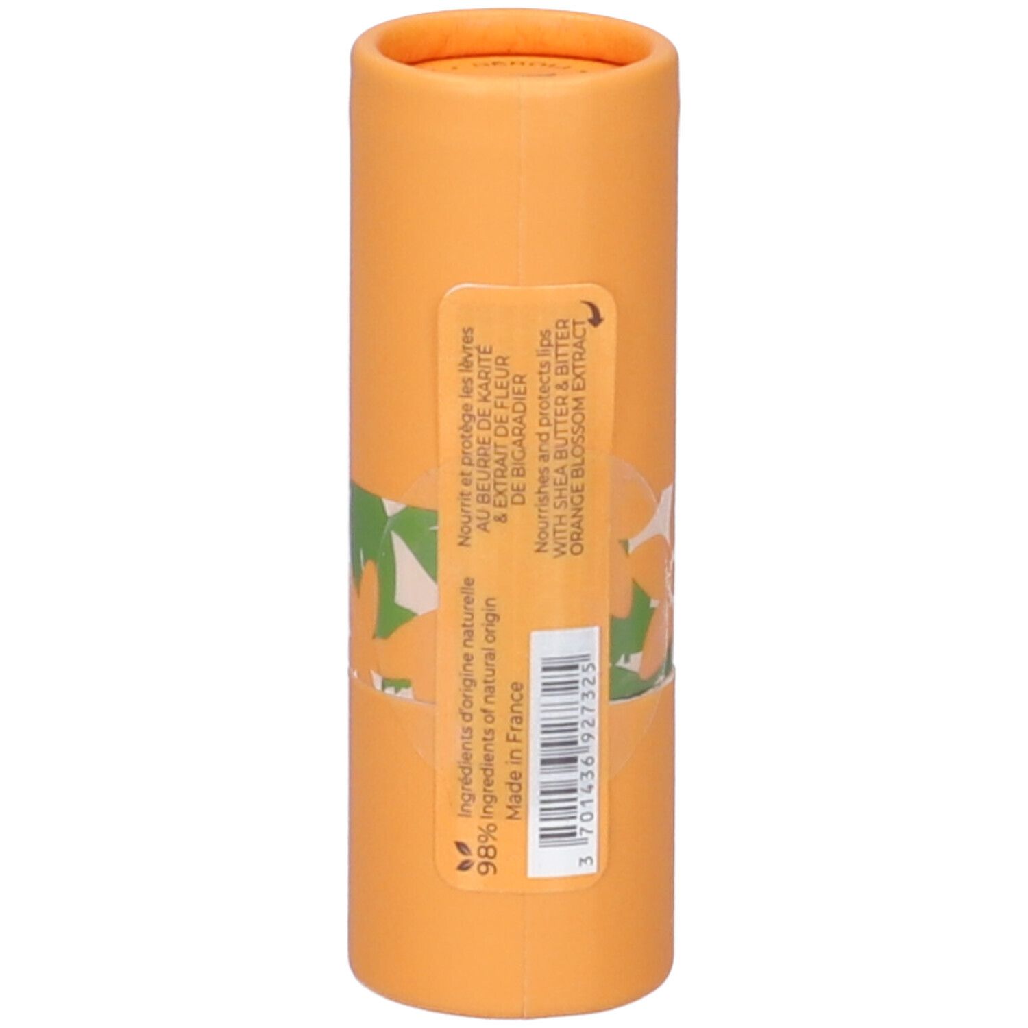 Confezione cilindrica arancione. Scritta: ingredienti, 98% origine naturale, Made in France.