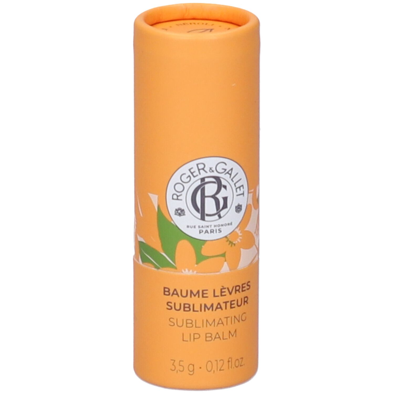 Confezione cilindrica arancione. Scritta: Roger & Gallet, Baume Lèvres Sublimateur, 3,5 g.