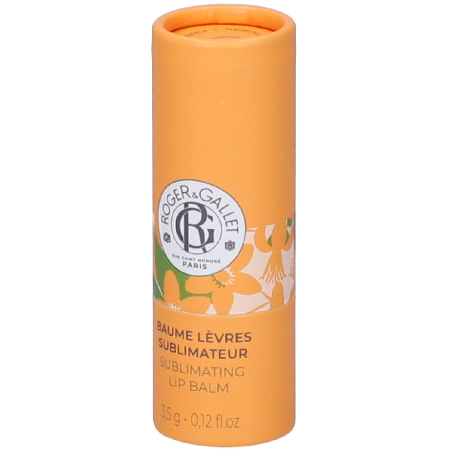 Confezione cilindrica arancione. Scritta: Roger & Gallet, Baume Lèvres Sublimateur, 3,5 g.