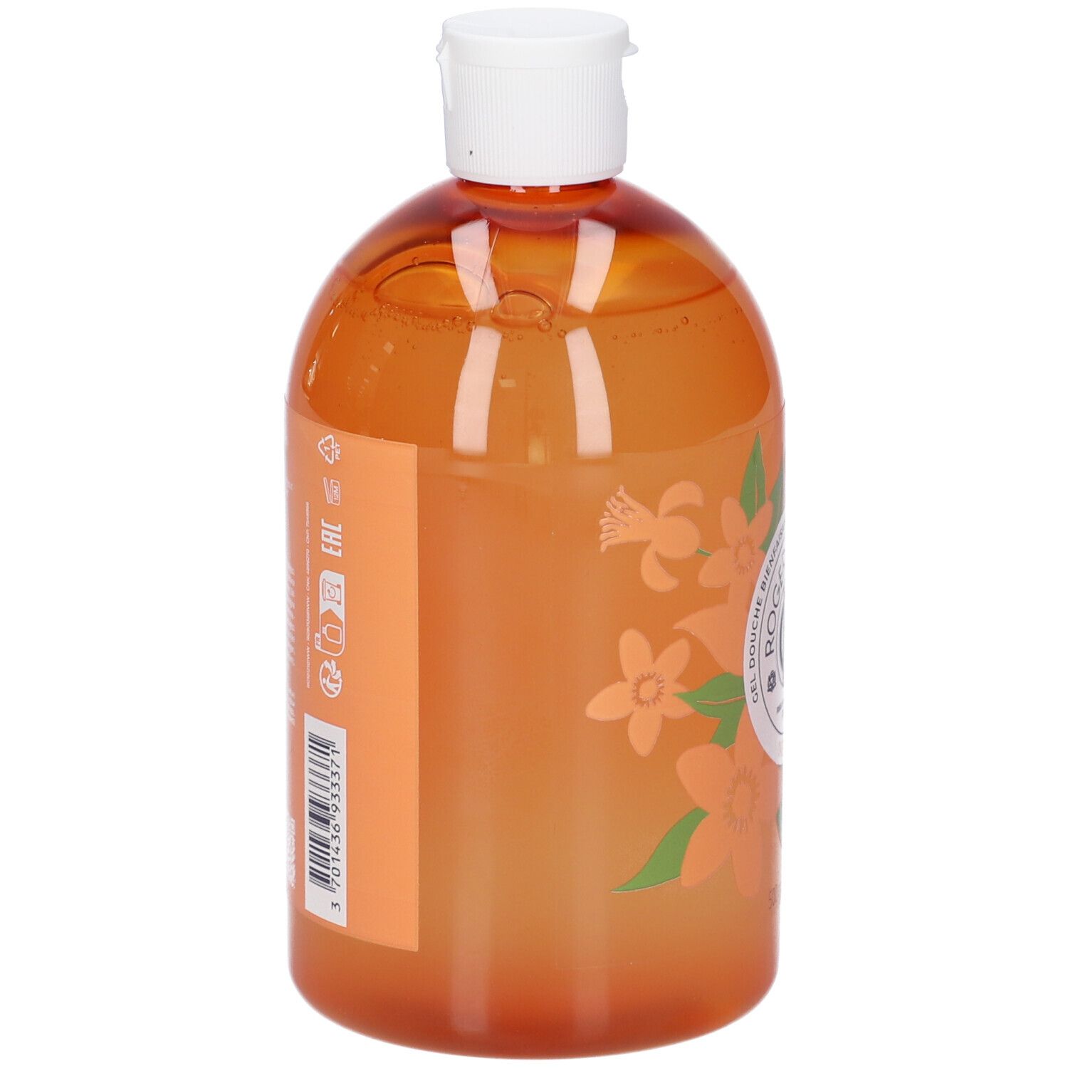 Retro del flacone arancione con tappo bianco. Testo e codice a barre.