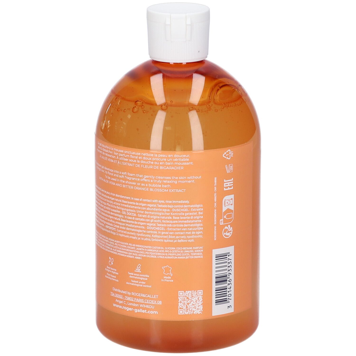 Retro del flacone arancione con tappo bianco. Testo, codice a barre e loghi.