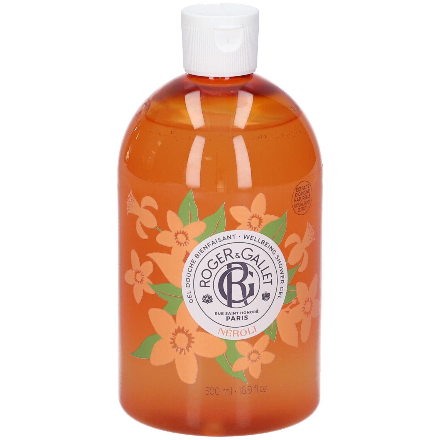 Flacone arancione con tappo bianco. Scritta: Roger & Gallet, Neroli. Decorazione floreale.