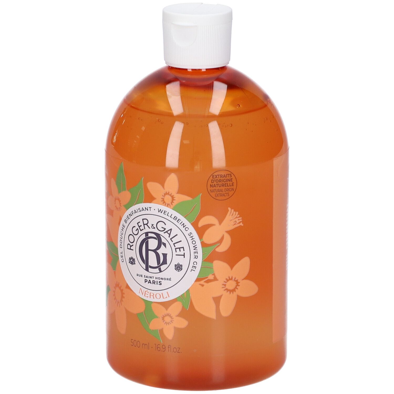 Flacone arancione con tappo bianco. Scritta: Roger & Gallet, Neroli. Decorazione floreale.