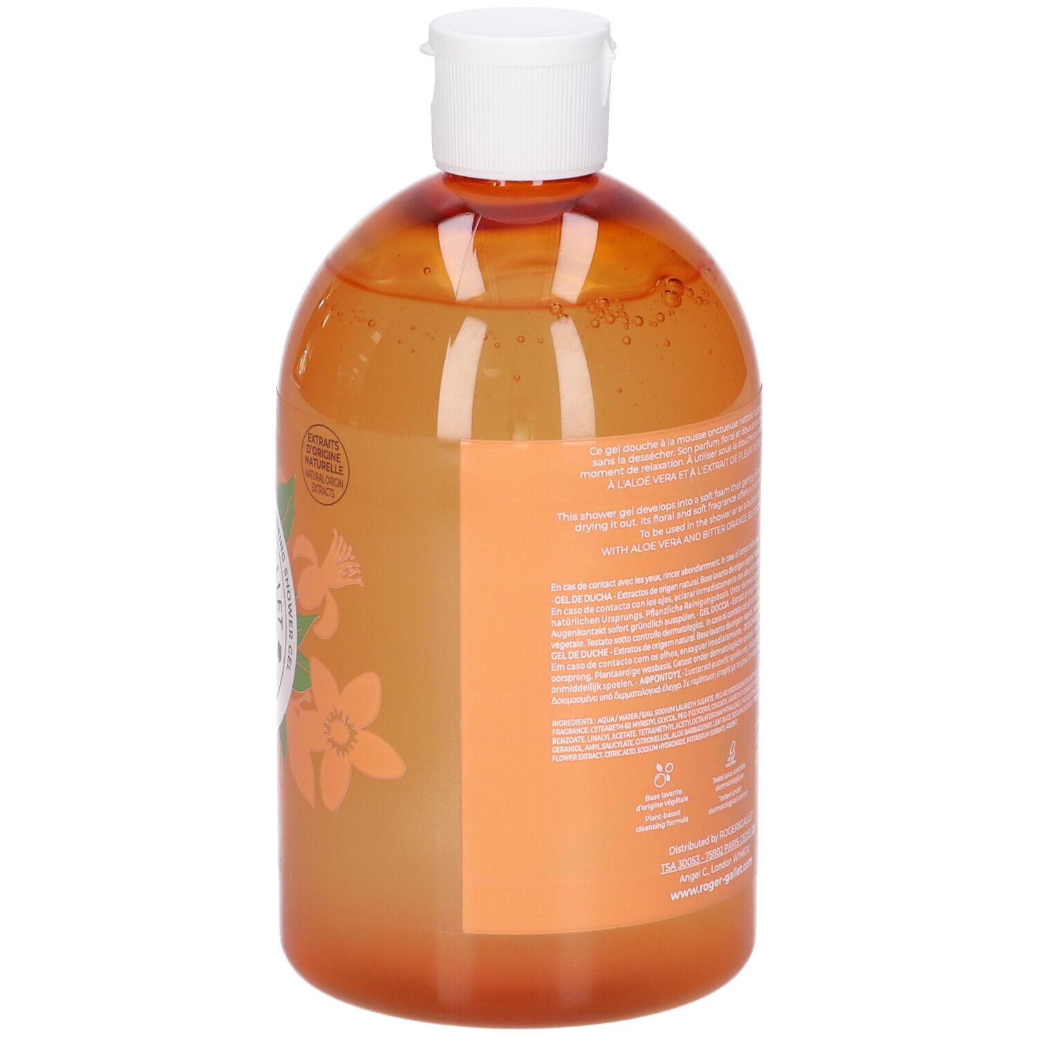 Retro del flacone arancione con tappo bianco. Testo, codice a barre e loghi.