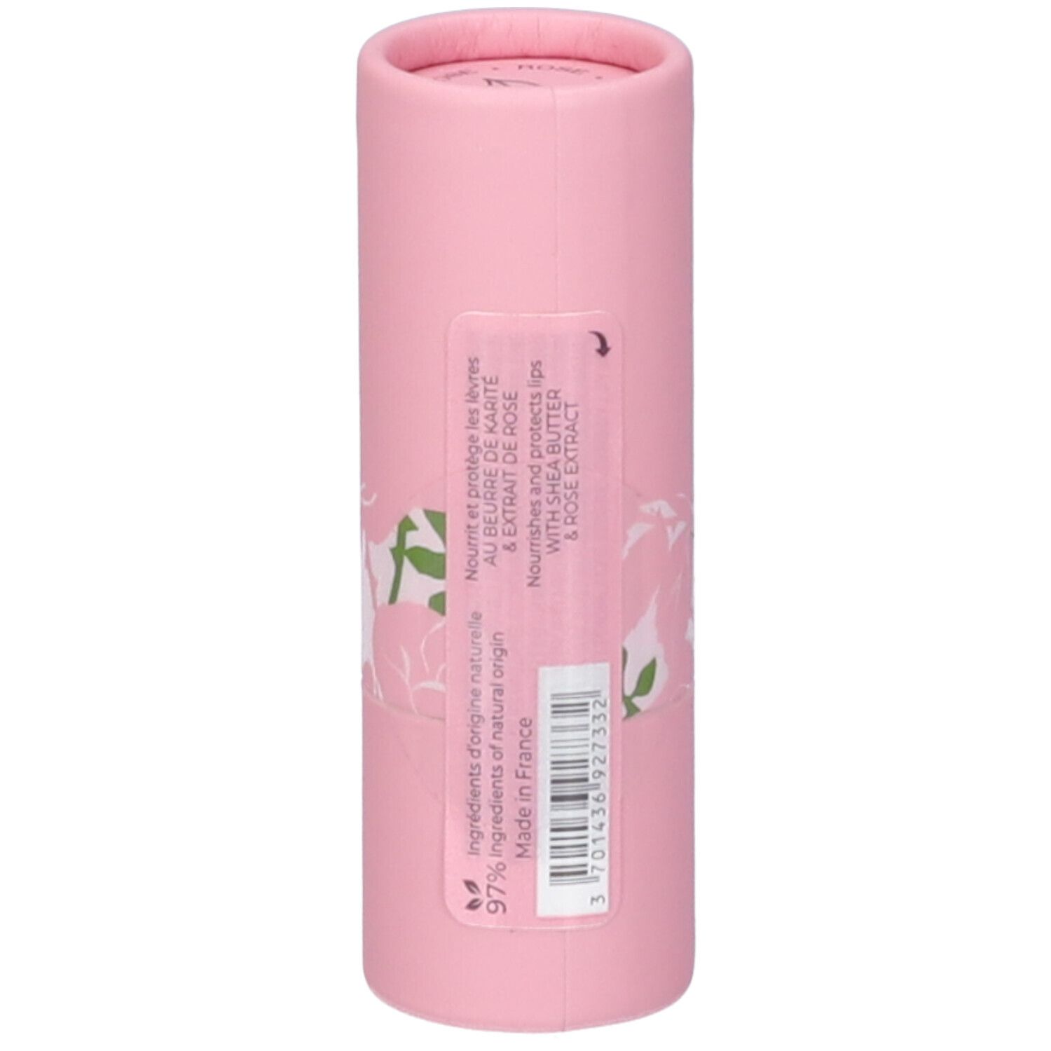 Confezione cilindrica rosa. Scritta: Nutre e protegge le labbra con burro di karité ed estratto di rosa. 97% ingredienti naturali.