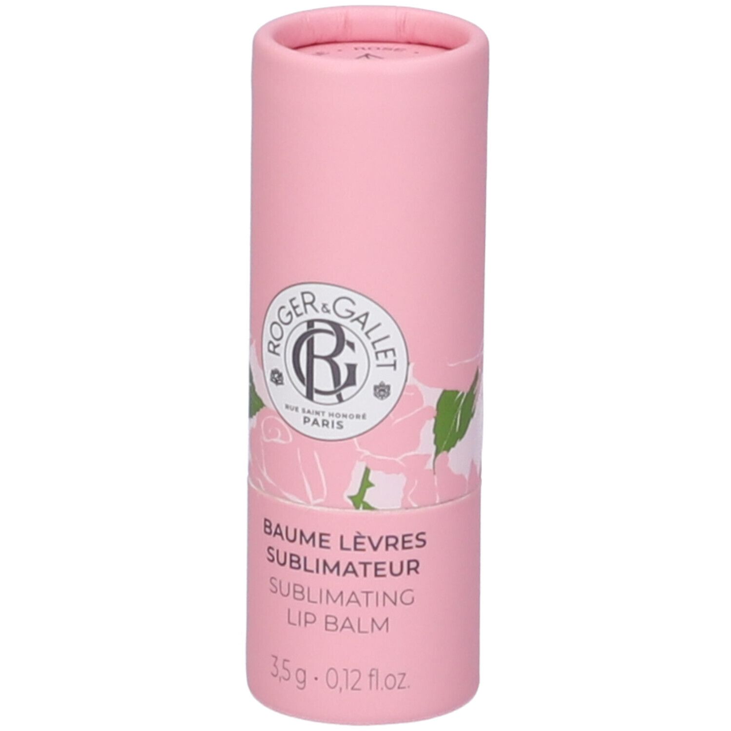 Confezione cilindrica rosa. Logo e scritta Roger & Gallet. Scritta: Baume Lèvres Sublimateur, 3,5 g.