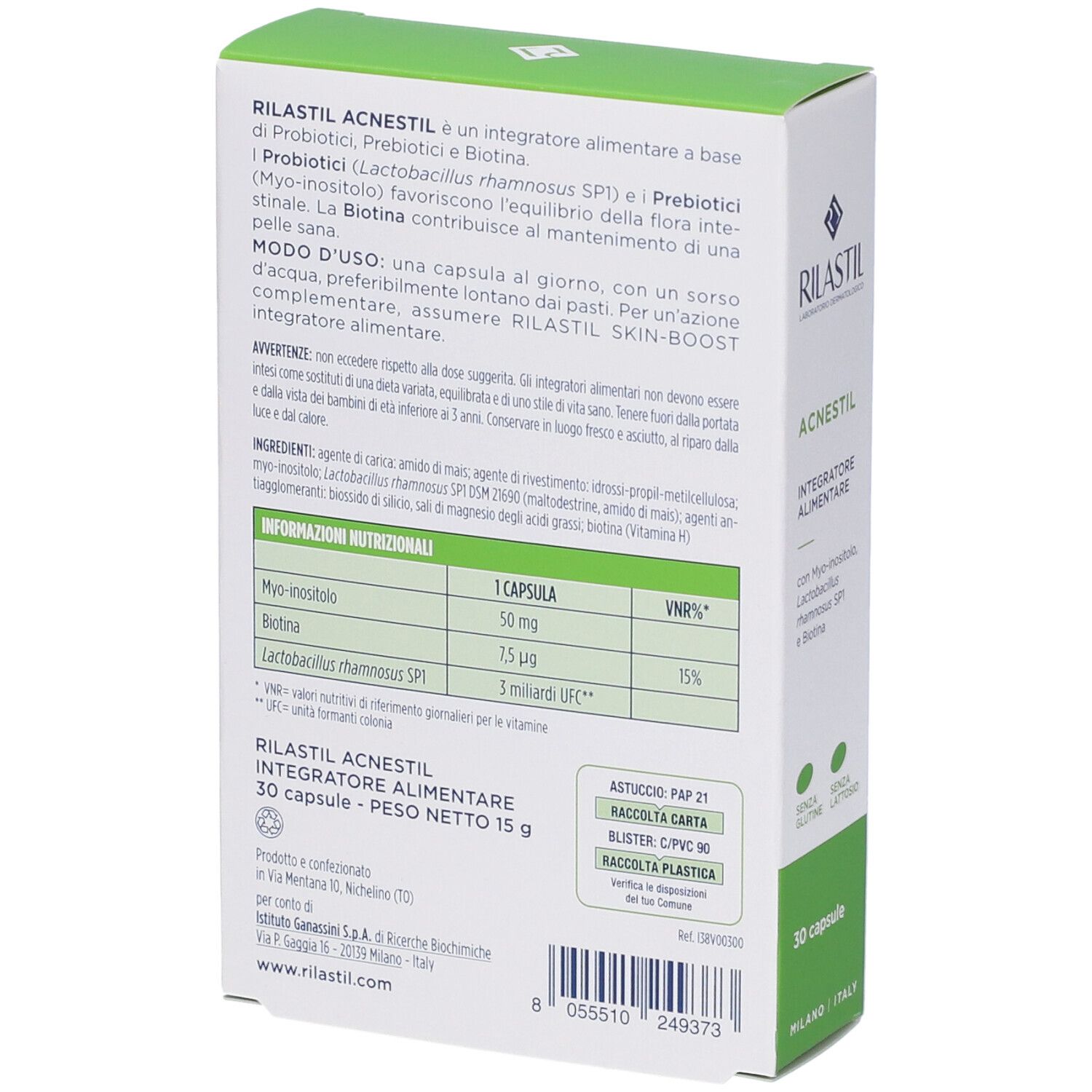 Retro della confezione Rilastil Acnestil. Informazioni su ingredienti e valori nutrizionali. 30 capsule.