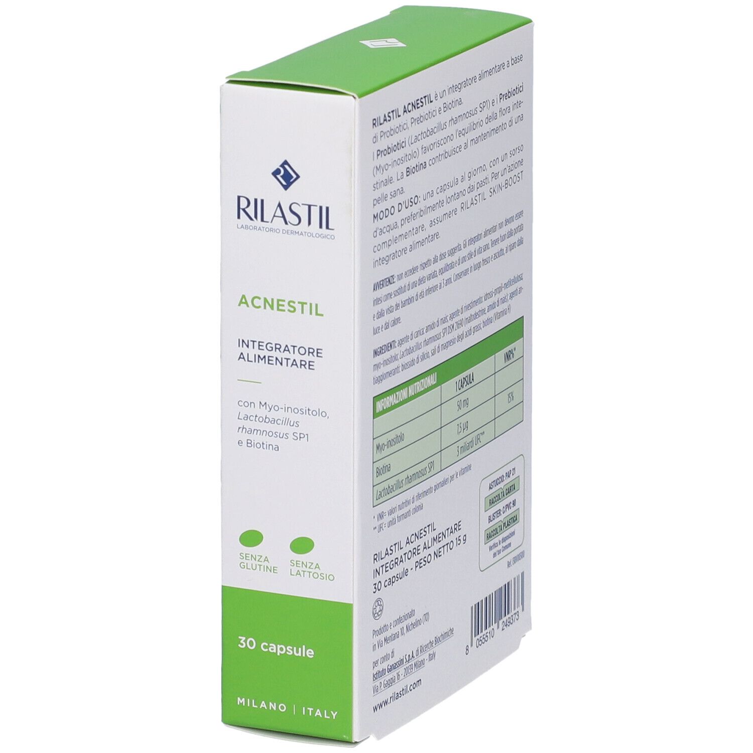 Rilastil Acnestil, integratore alimentare. Scatola bianca e verde. 30 capsule. Senza glutine e lattosio.