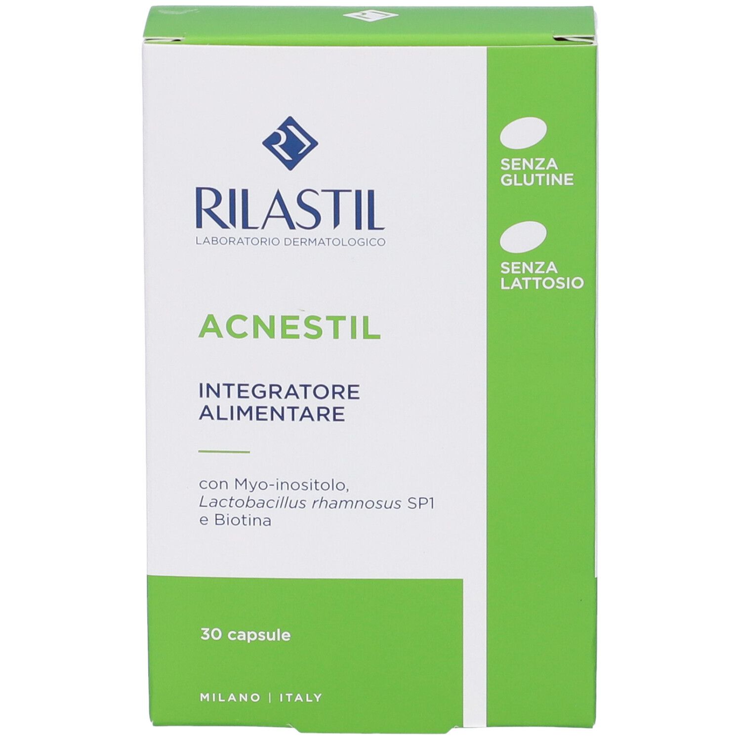 Rilastil Acnestil, integratore alimentare. Scatola bianca e verde. 30 capsule. Senza glutine e lattosio.
